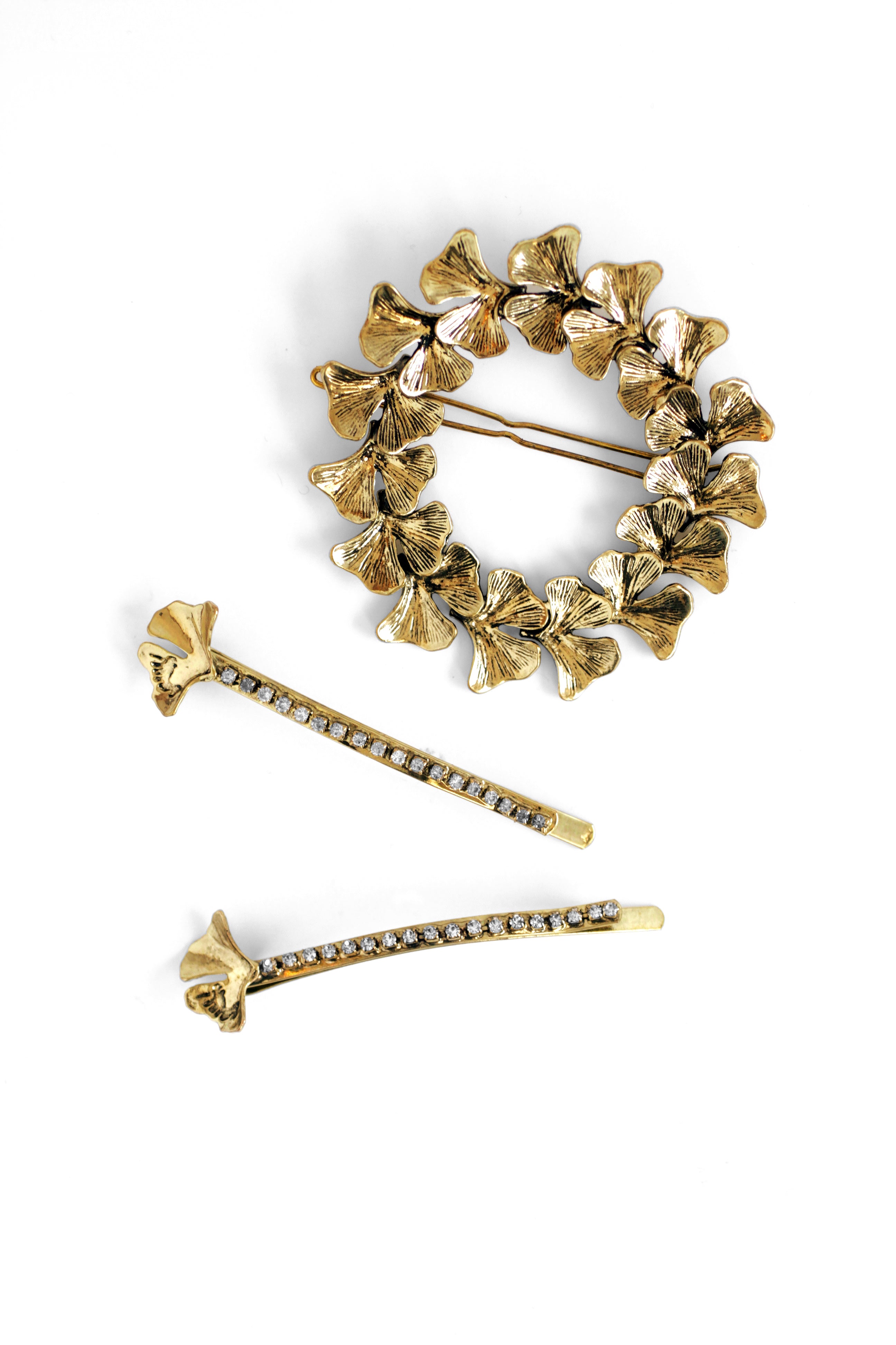 Botanical Fern and Leaf Bobby Pins Set of 3 in Antique Gold - Perfect for Hair Styling, Weddings, and Everyday Elegance