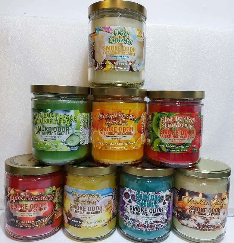 Smoke Odor Eliminator Candle - 13oz Jar, Pina Colada Scent (8-Pack) | Pineapple Coconut, Sugar Skull, Vanilla Glitz, Cool Cucumber & Honeydew, Orange Lemon Splash, Kiwi Strawberry Twist & Apple Orchard | Home & Office Air Freshener for Smoke, Pets, Cooking Odors