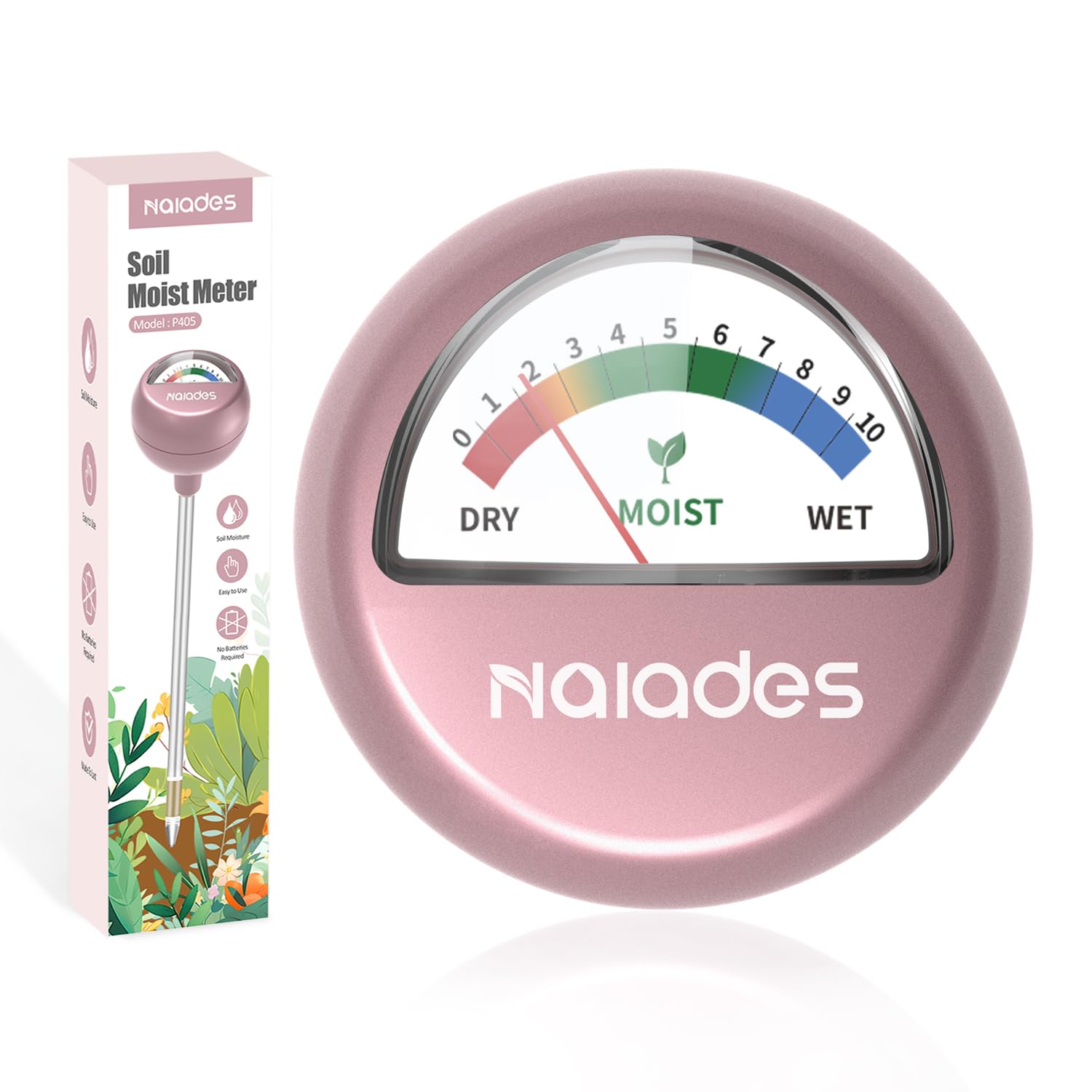 Naiades Rose Gold Soil Moisture Meter - Plant Water Monitor Hygrometer Sensor for Indoor Outdoor Gardening, Farming, Houseplants (No Batteries Needed) | Perfect for Potted Plants, Garden Beds, Greenhouses & Lawn Care