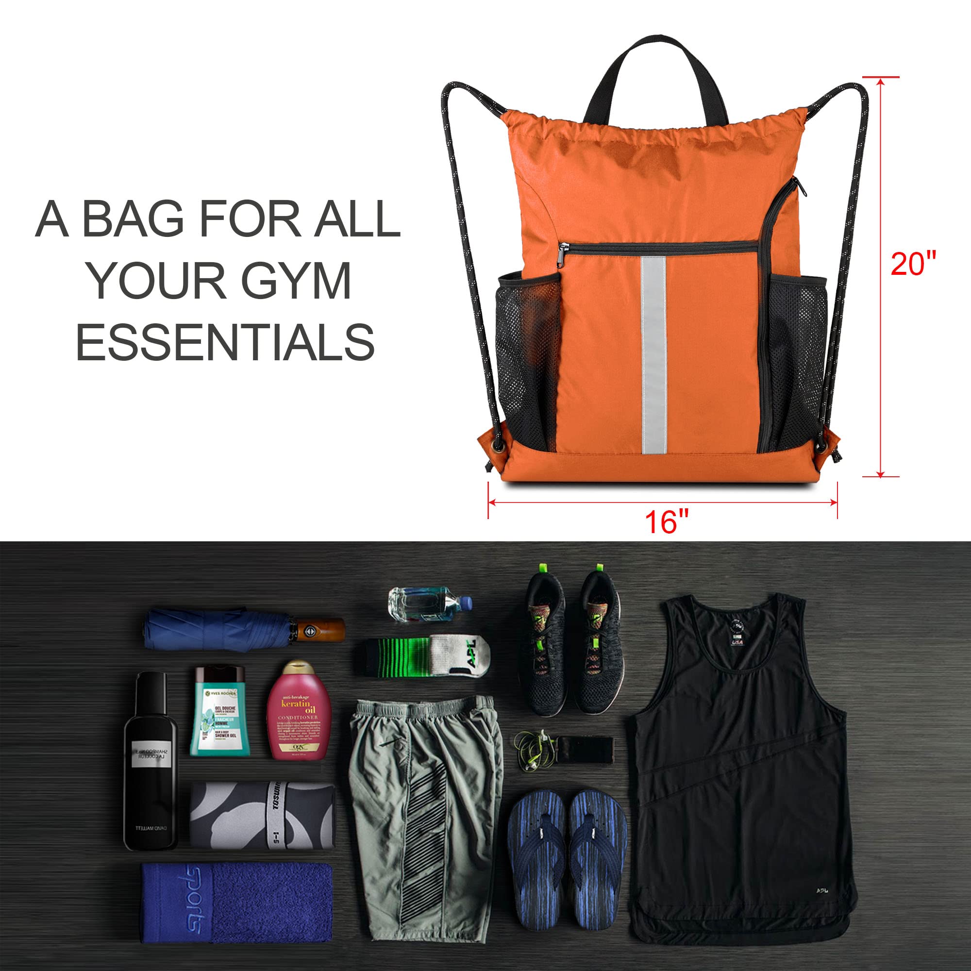 BeeGreen Drawstring Backpack - Lightweight Sports Gym Bag with Shoe Compartment & Dual Water Bottle Pockets - Perfect for Workout, Travel, Hiking & School Use
