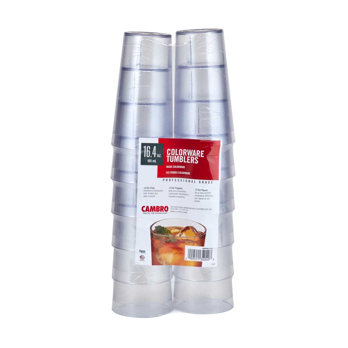 Cambro 1600PSW12152 Clear 16 oz. Colorware Tumbler - Pack of 12 | Durable Plastic Cups for Restaurants, Cafes, and Catering Services