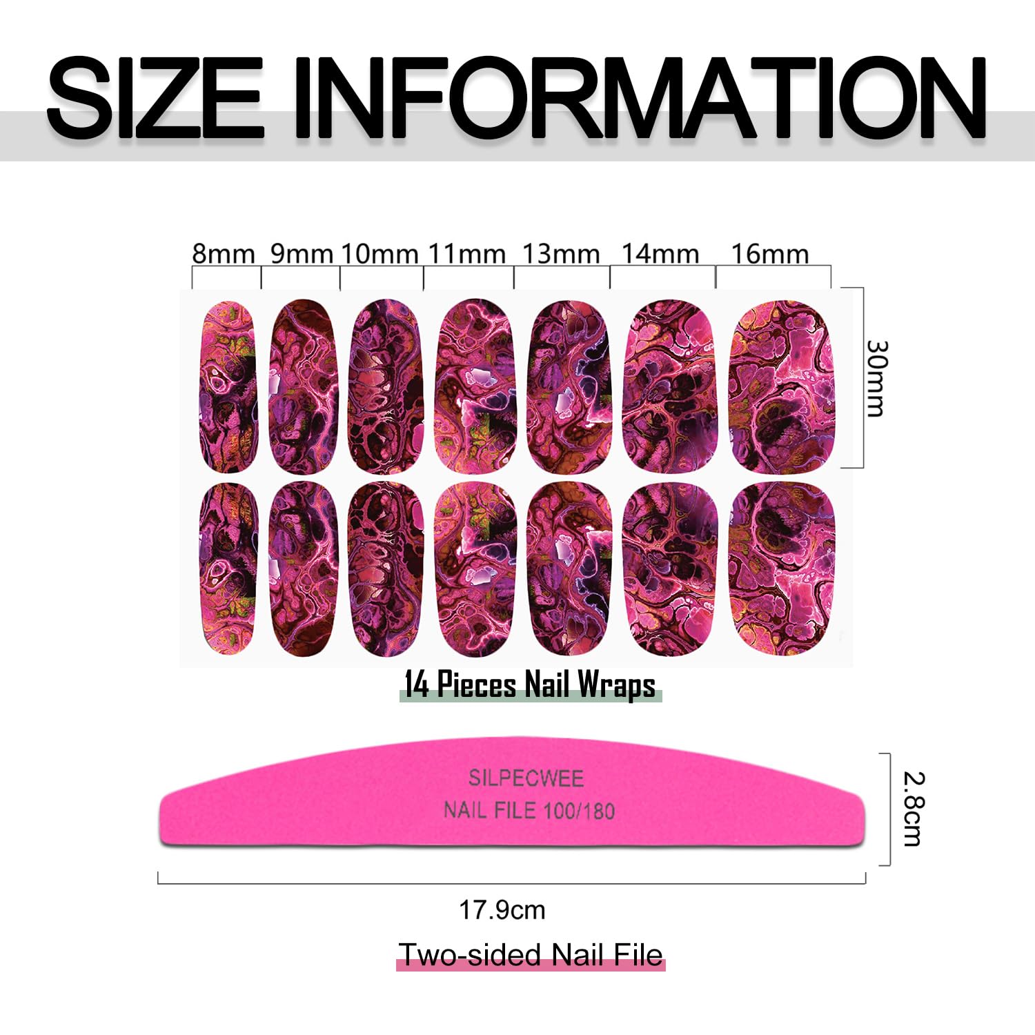 SILPECWEE 16 Sheets Nail Polish Stickers - Full Cover Self-Adhesive Nail Wraps for Women, Gel Nail Strips Press on Manicure Stickers with Nail File (Colorful Marble Design) - Perfect for Home Manicures, Parties & Gifts
