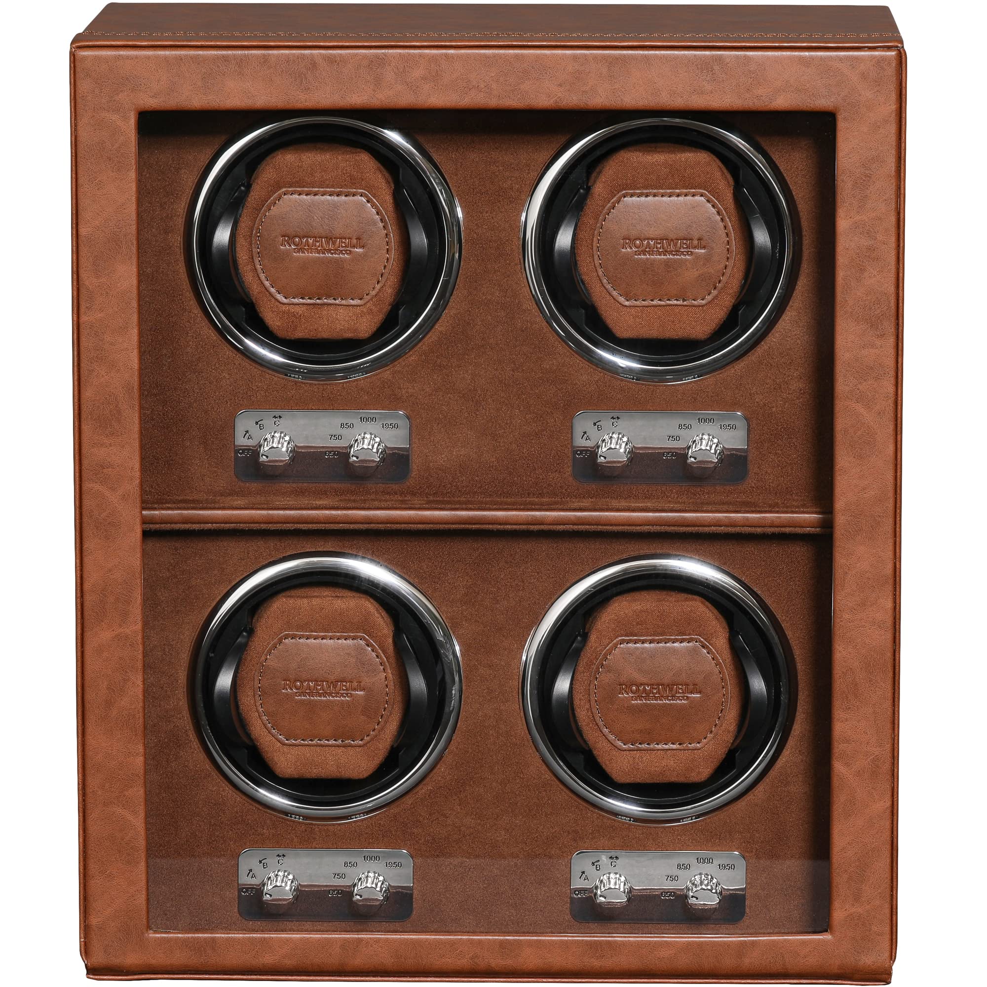 ROTHWELL 4 Watch Winder for Automatic Watches - Quiet Motor, Multiple Speed & Rotation Settings, Tan/Brown - Perfect for Watch Collectors & Luxury Timepiece Storage at Home or Office