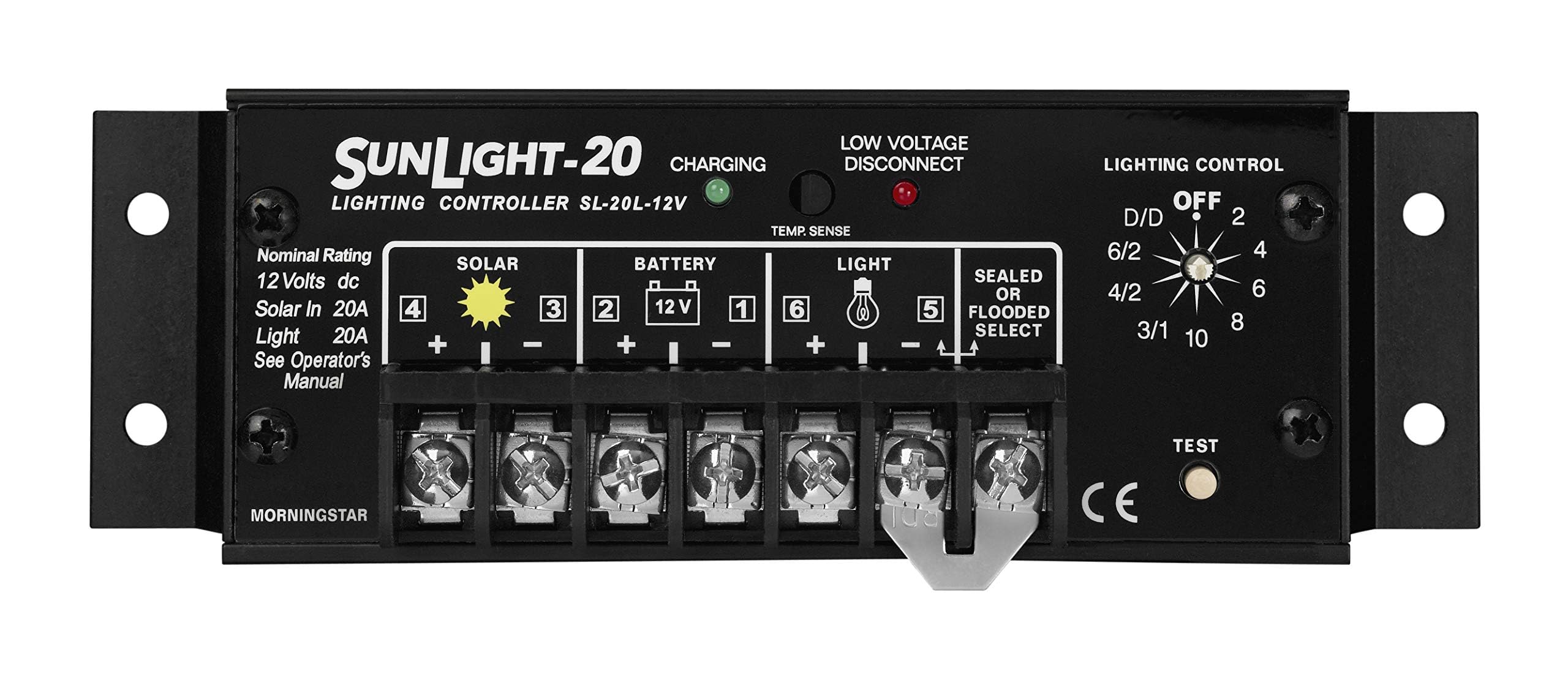 Morningstar Sunlight 20A Solar Charge Controller (SL-20L-12V) - 12V Solar Panel Regulator for RV, Marine & Off-Grid Batteries - Waterproof, Corrosion Resistant Terminals with Easy Installation - Perfect for Solar Lighting Systems, Boats & Camping - 5 Year Warranty - Made in USA