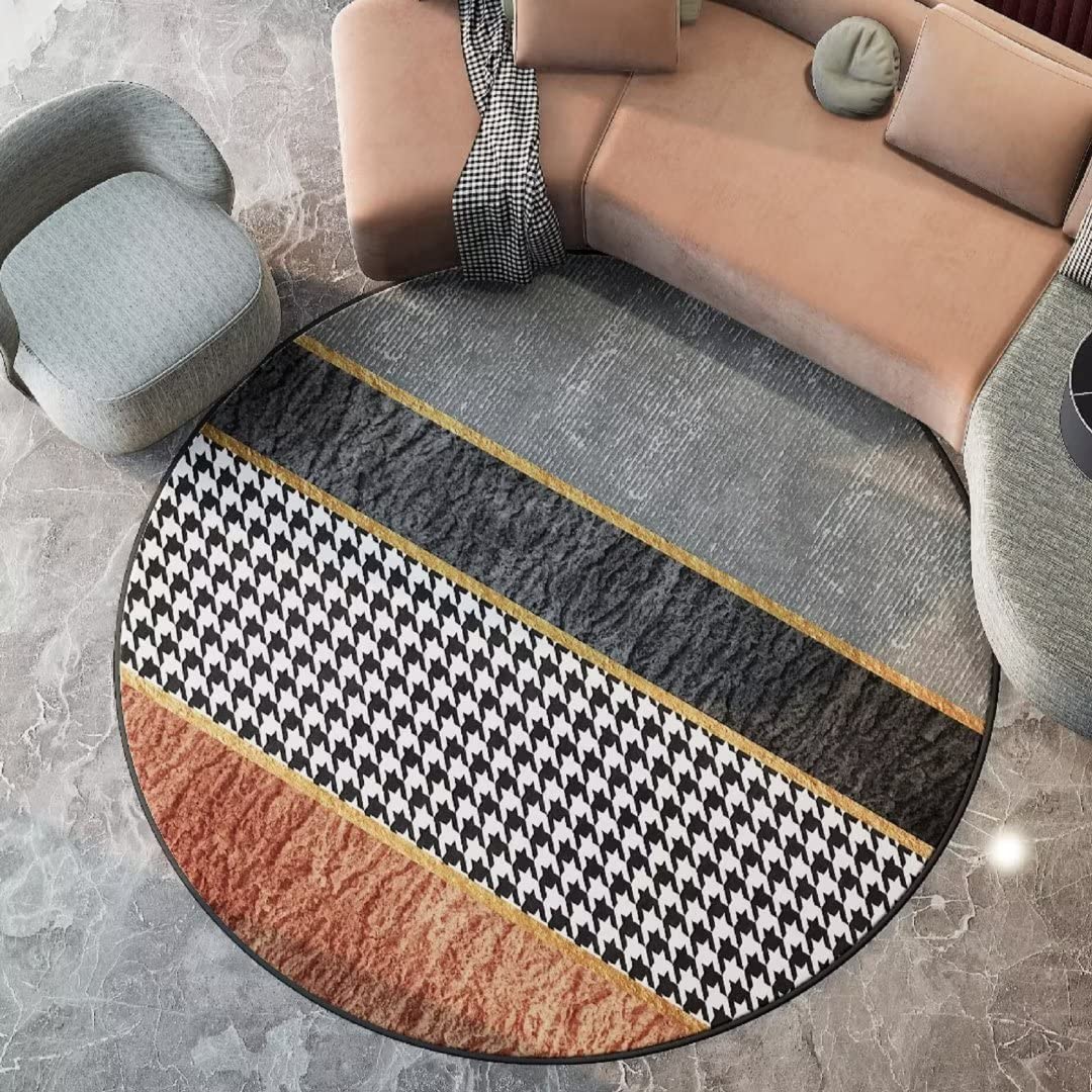 Modern Abstract Houndstooth Printed Round Area Rug - 6 ft Washable Non-Slip Floor Mat for Living Room & Bedroom - Perfect for Boho Chic Decor and Cozy Home Spaces