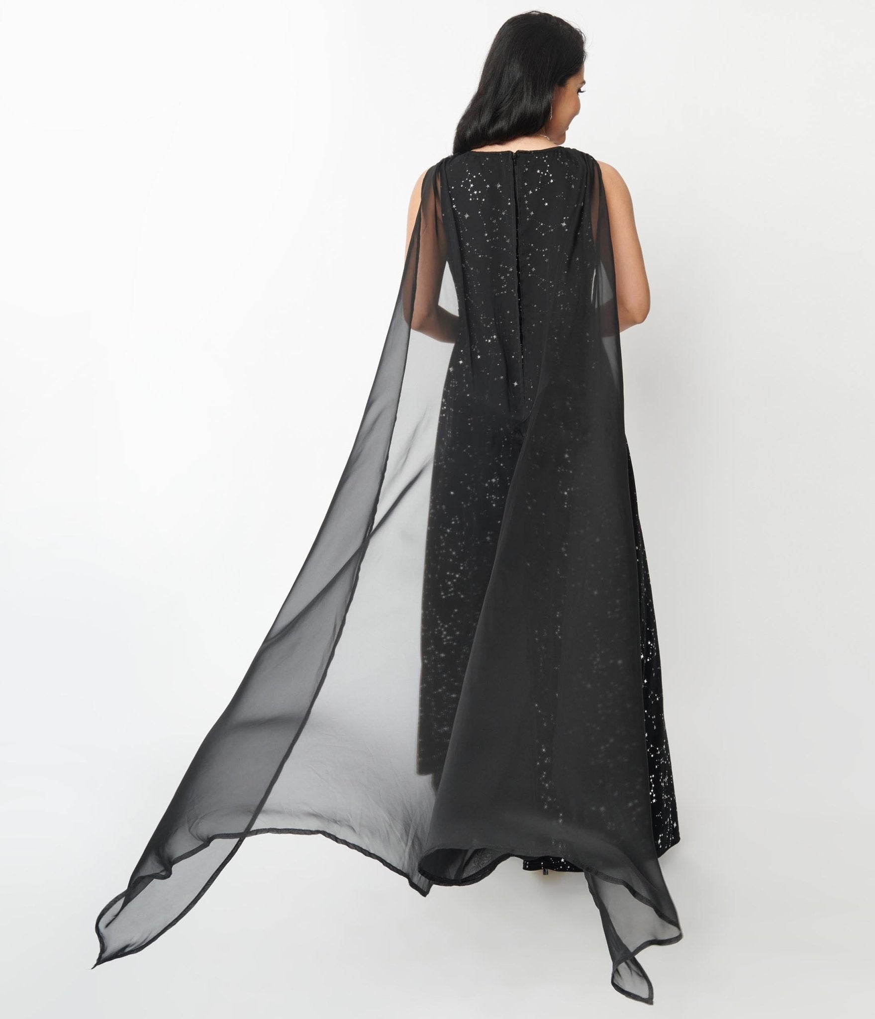 Vintage Black Velvet Cape Gown with Constellation Embroidery - Elegant Gothic Evening Dress for Halloween, Cosplay & Formal Events