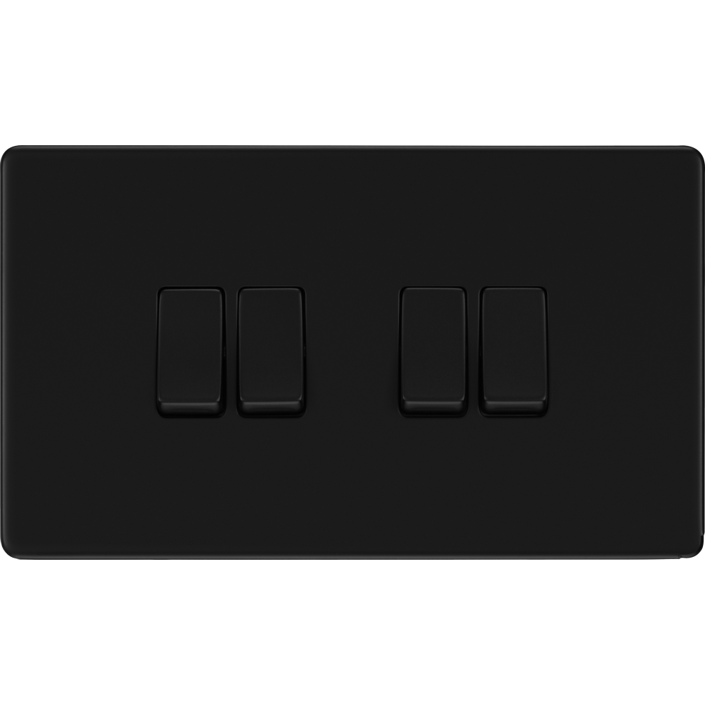 BG Flatplate Screwless Matt Black 4G 2W Light Switch FFB44 - Modern Electrical Wall Plate for Home & Office Lighting Control