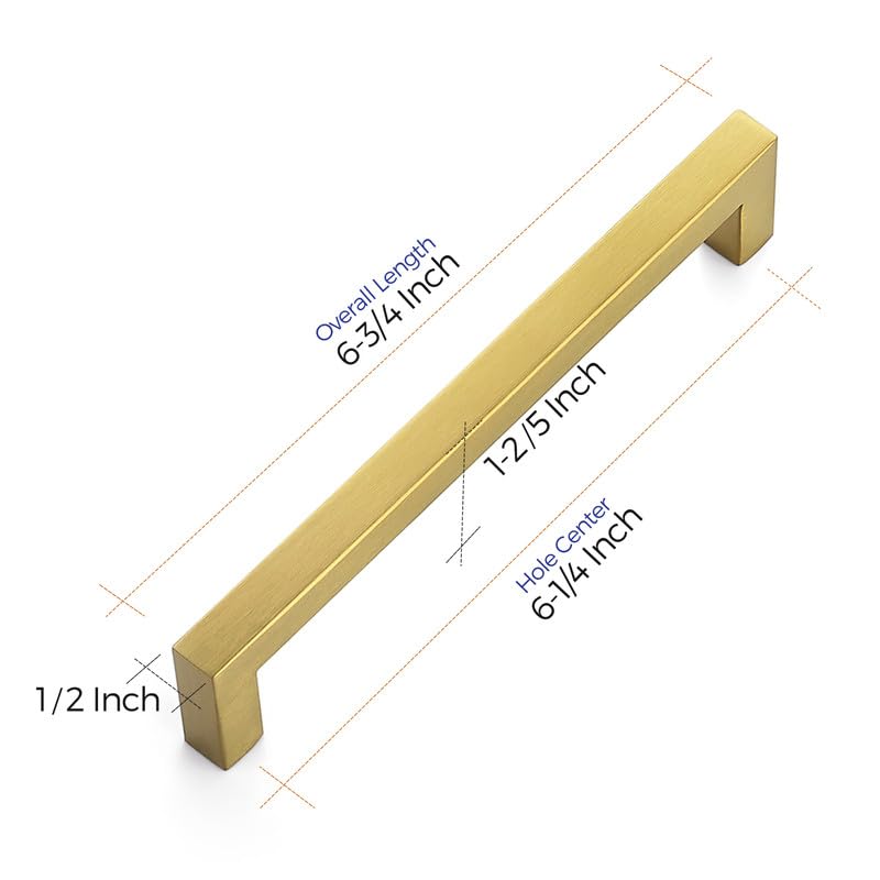 Ravinte 10 Pack Gold Square Bar Kitchen Cabinet Handles - 6-1/4 Inch Hole Center Drawer Pulls - Modern Cabinet Hardware for Home Kitchen & Bathroom Renovation