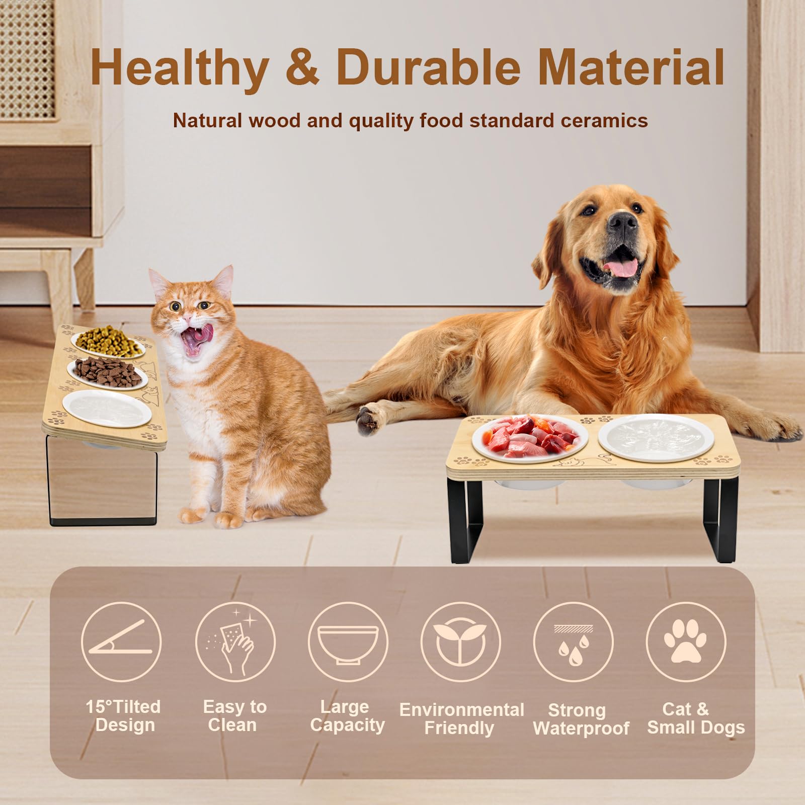 3 Ceramic Elevated Cat Bowls with 15° Tilt - Raised Pet Food & Water Bowl Set with Wooden Stand & Paw Print Design - Anti-Slip Mat Included for Indoor Cats & Small Dogs - Perfect for Healthy Digestion & Mess-Free Feeding