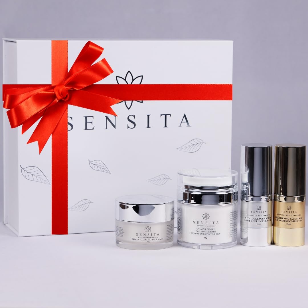 SENSITA Brightening Skincare Kit for Dry & Pigmented Skin - Vitamin C Collagen Serum, Hydrating Face Moisturizer, Blemish Correcting Serum & AHA Exfoliating Mask | Anti-Aging Treatment for Dark Spots & Uneven Skin Tone | Perfect for Nighttime Routine & Daily Glow Boost