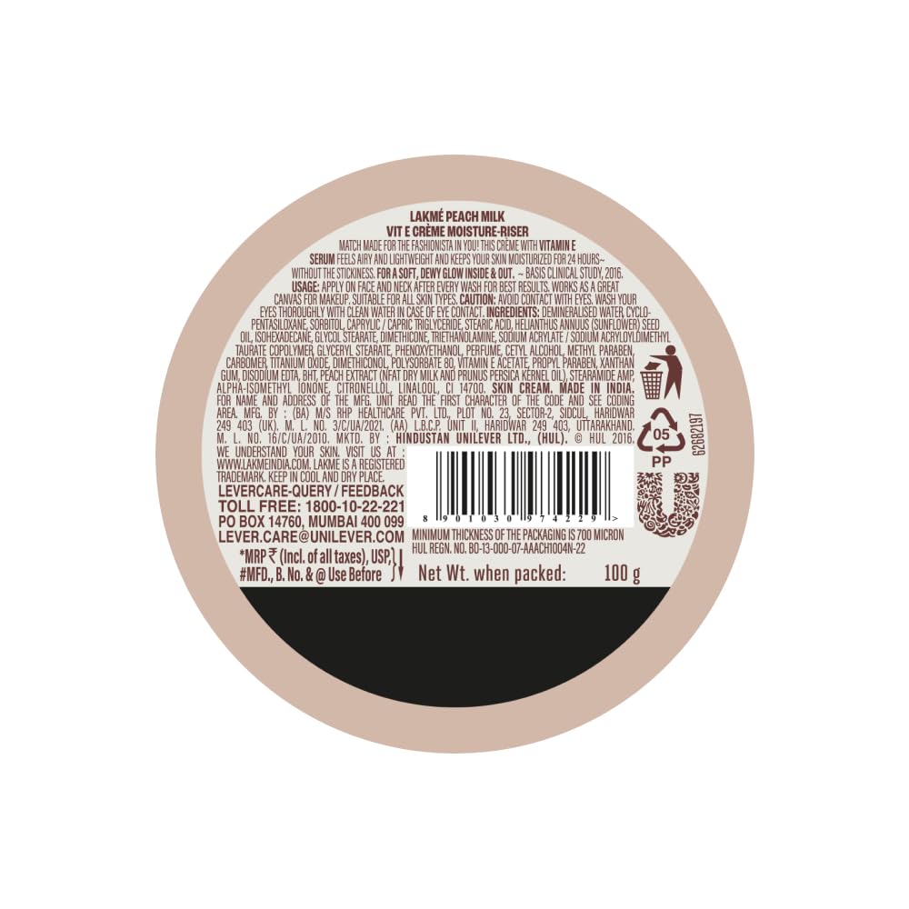 LAKMÉ Peach Milk Soft Crème Moisturizer For Face 100g - Daily Lightweight Whipped Cream With Vitamin E For Soft & Glowing Skin - Non-Oily 24H Hydration - Perfect for Dry Skin & Daily Skincare Routine