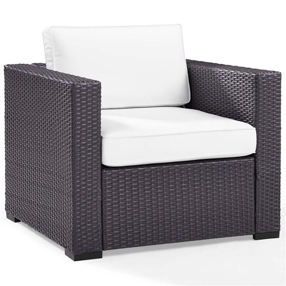White/Brown Wicker Rattan Fabric Patio Arm Chair - Outdoor Garden, Poolside, or Balcony Relaxation Furniture