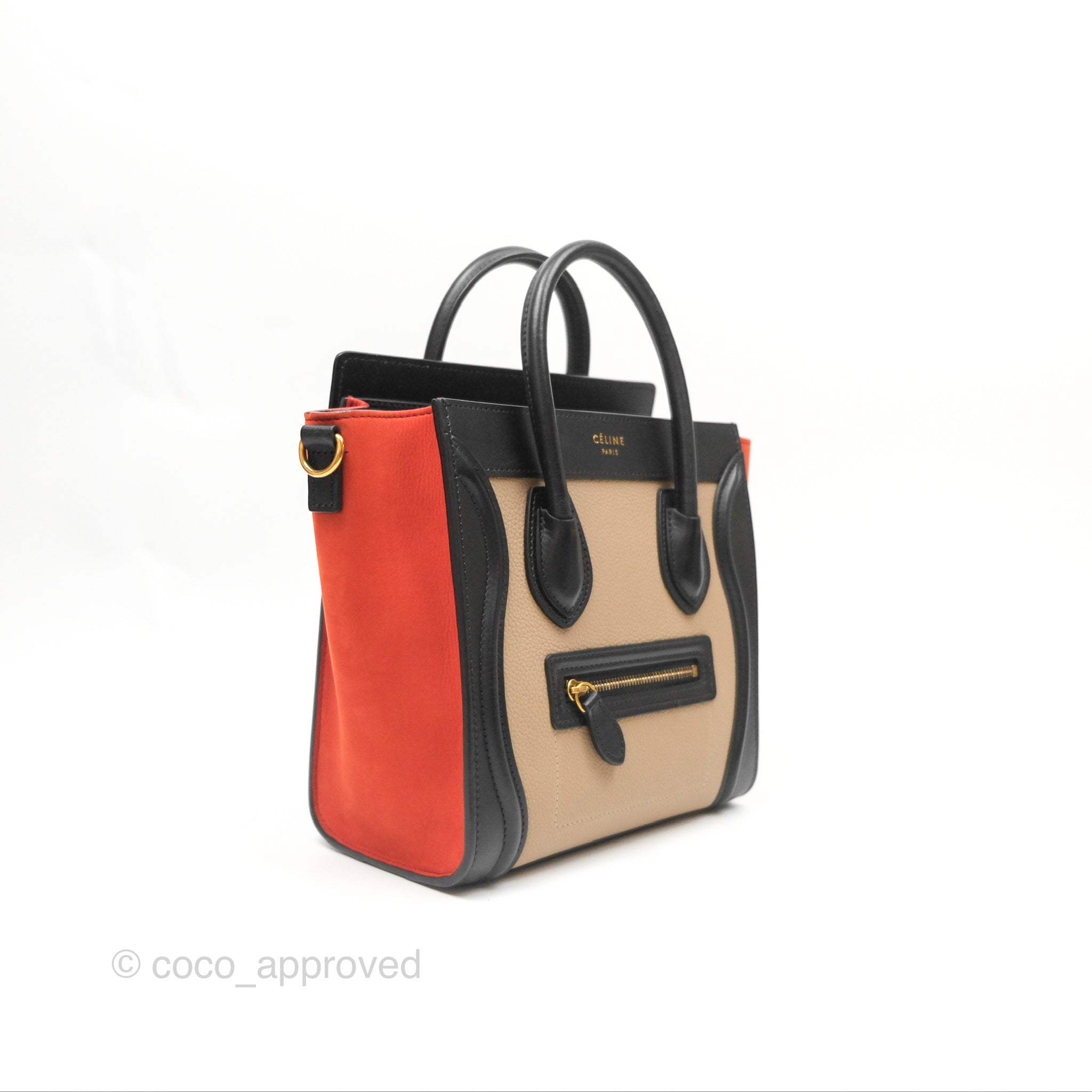 Celine Nano Luggage Bag in Grained Calfskin Leather with Gold Hardware - Orange, Black & Beige Colors | Perfect for Work, Travel & Everyday Use