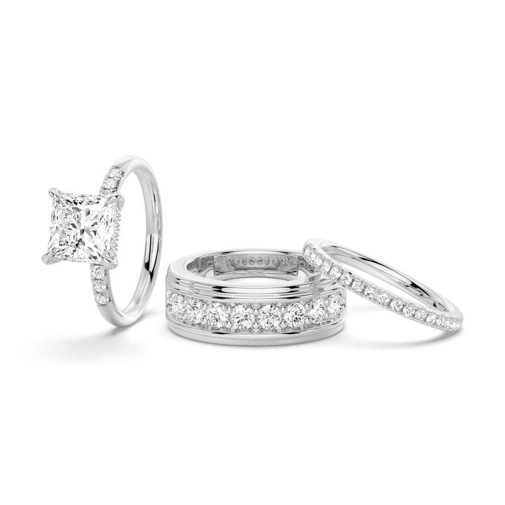 Princess Cut Hidden Halo Moissanite Engagement Ring Set with Matching Men's Wedding Band - Perfect for Proposals, Anniversaries & Couple's Jewelry Gifts