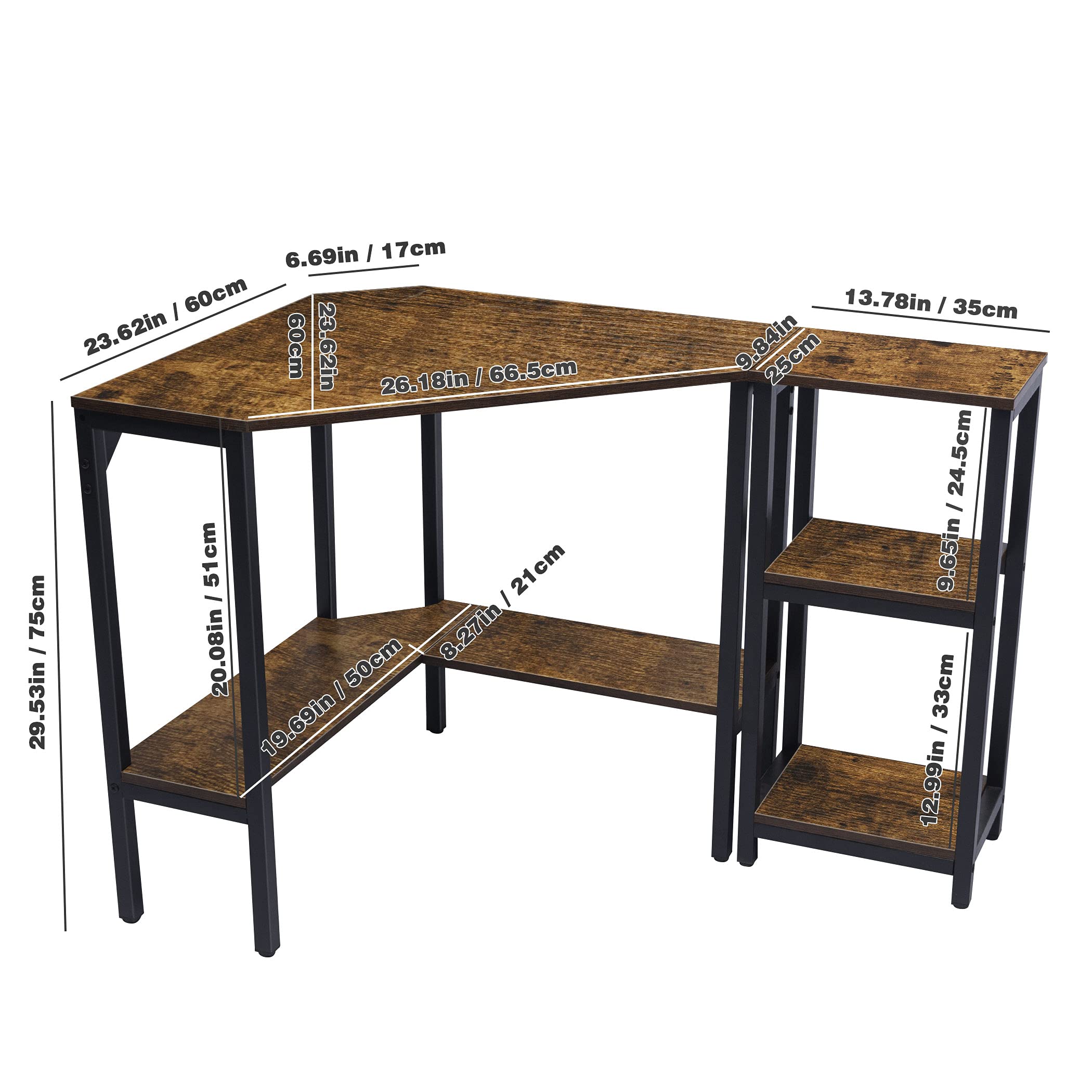 LAVIEVERT Rustic Brown Triangle Corner Desk with Storage Shelves - Compact Computer Desk for Laptop, Writing & Study - Perfect for Small Spaces, Home Office & Dorm Rooms