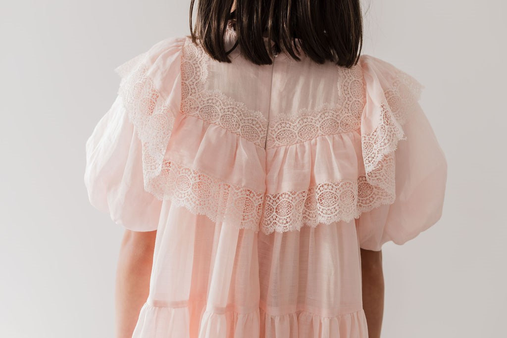 Petite Amalie Short Sleeve Poppy Lace Trim Soft Peach Dress - Perfect for Spring Weddings & Garden Parties