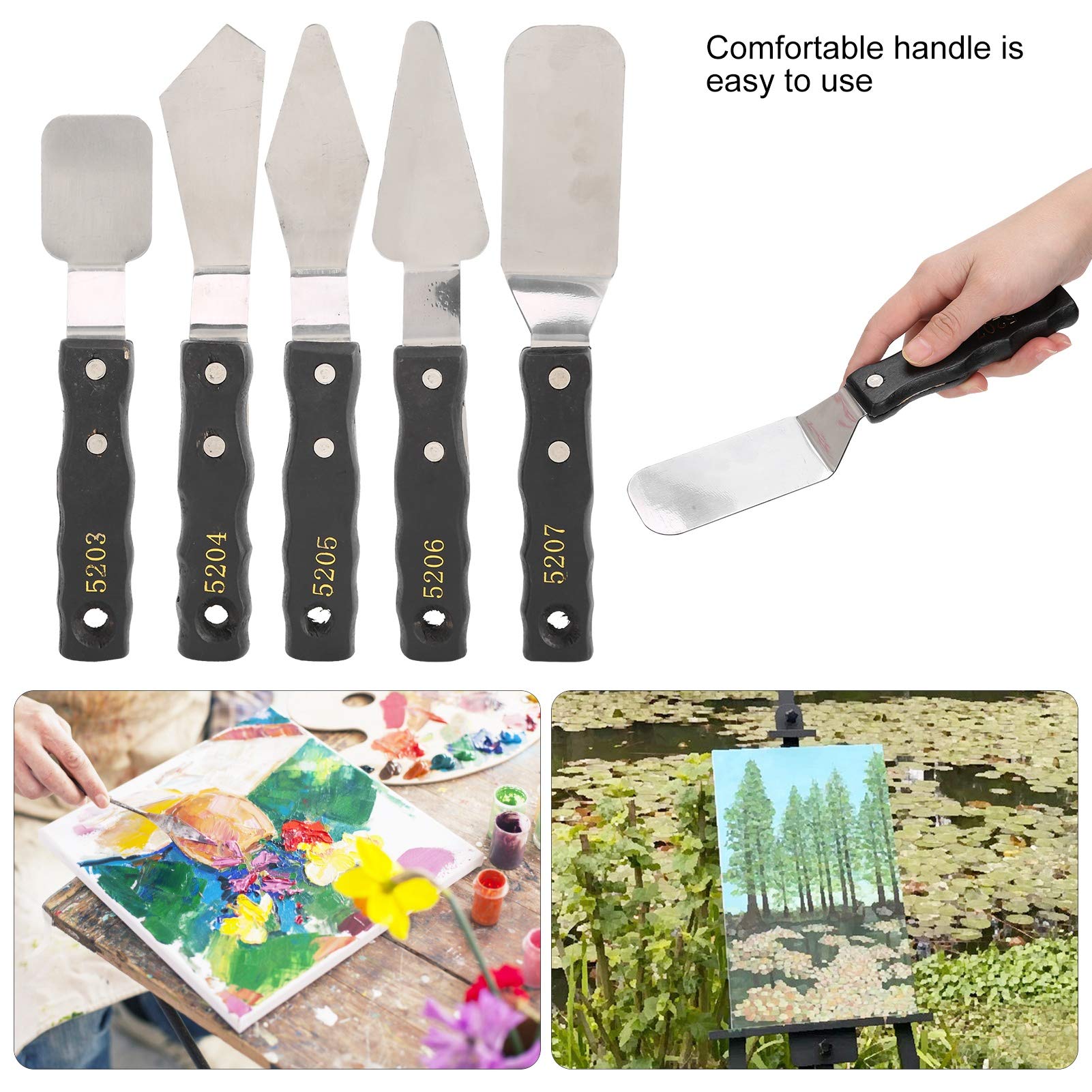 5-Piece Stainless Steel Palette Knives Set with Black Wood Handle - Artist Painting Tools for Oil & Acrylic - Perfect for Students & Professional Artists - Ideal for Canvas Painting, Color Mixing & Texture Creation