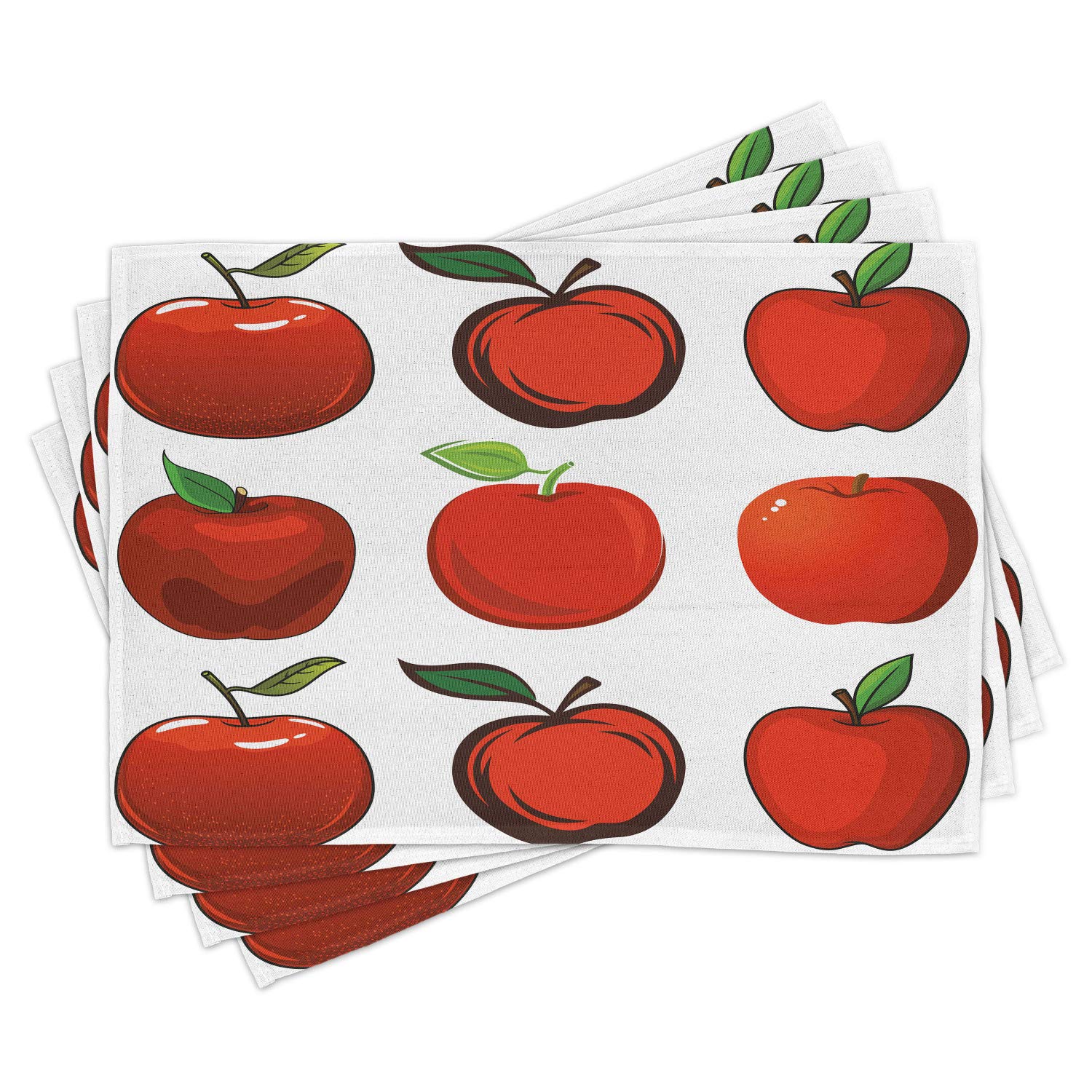Lunarable Fruits Place Mats Set of 4 - Cartoon Apple Design Washable Fabric Dining Table Mats for Kitchen, Home Decor & Vegan Meals - Green & White Standard Size (Perfect for Family Dinners, Parties & Healthy Eating)