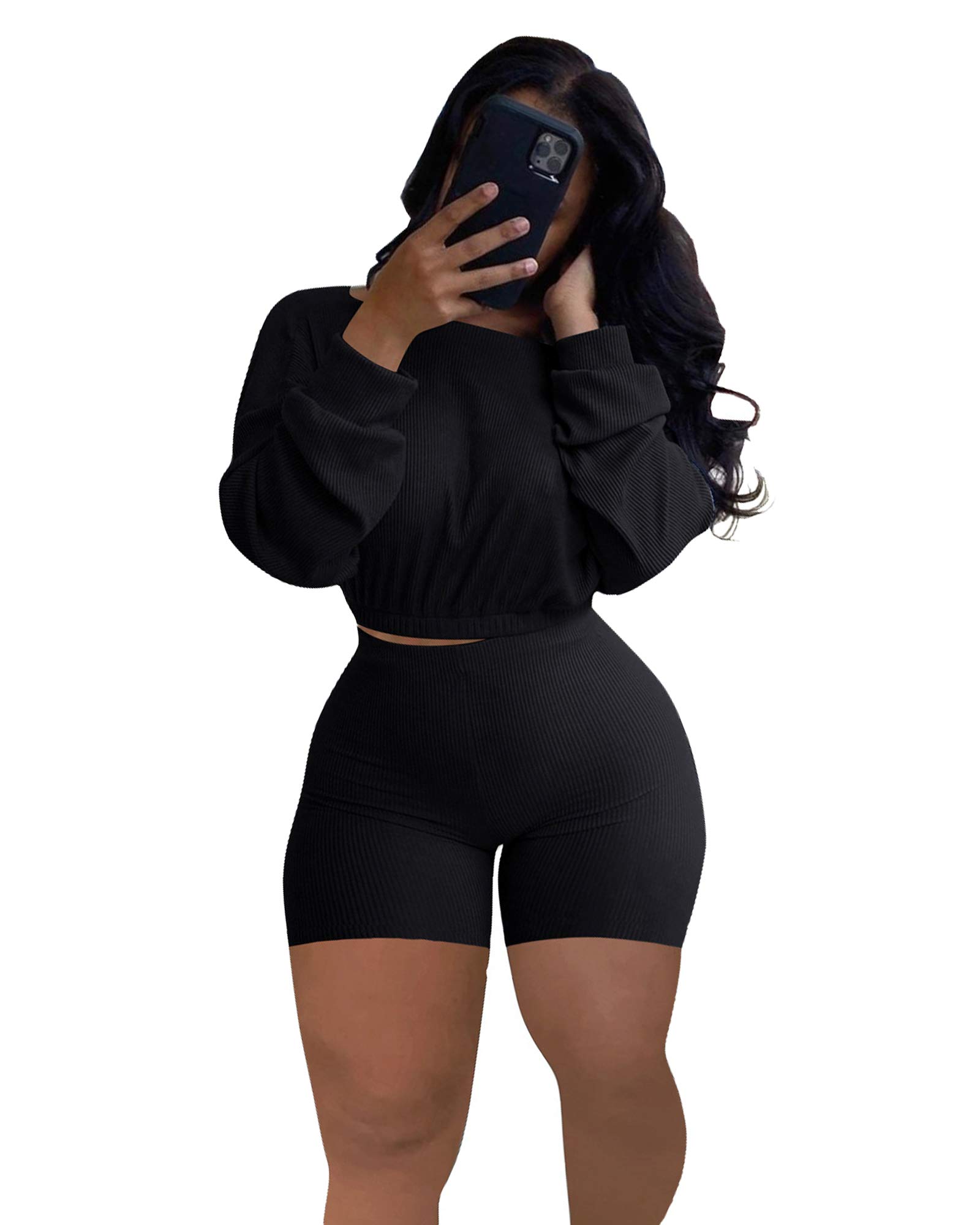 LAVANACE Women's 2 Piece Outfits - Long Sleeve Crop Top & High Waist Bodycon Shorts Set, Casual Tracksuit for Gym, Yoga, Running & Streetwear Fashion