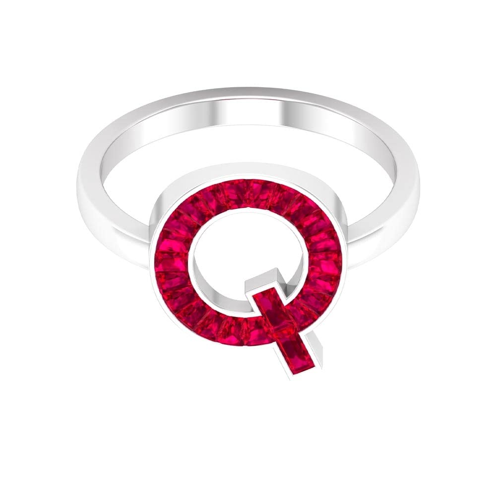 Personalized Alphabet Initial Rings A-Z | 14K White Gold Lab-Created Ruby Letter Rings | Baguette & Channel Set Initial Jewelry for Women | Perfect Gift for Birthdays, Anniversaries & Special Occasions