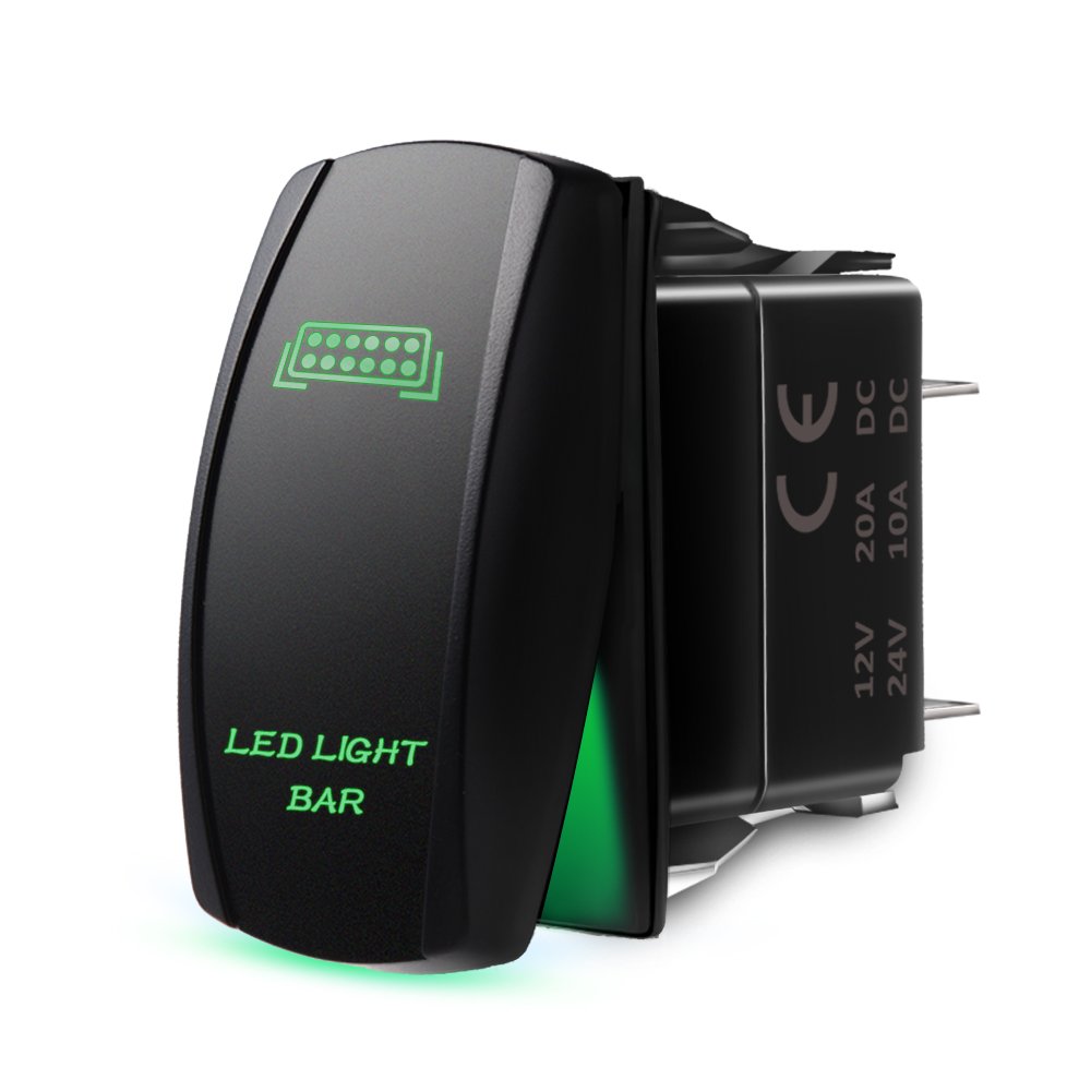 MicTuning LS08102 5-Pin LED Light Bar Rocker Switch - 20A 12V On/Off Toggle with Green Illumination - Perfect for Off-Road Vehicles, Marine Boats & ATV Lighting Systems