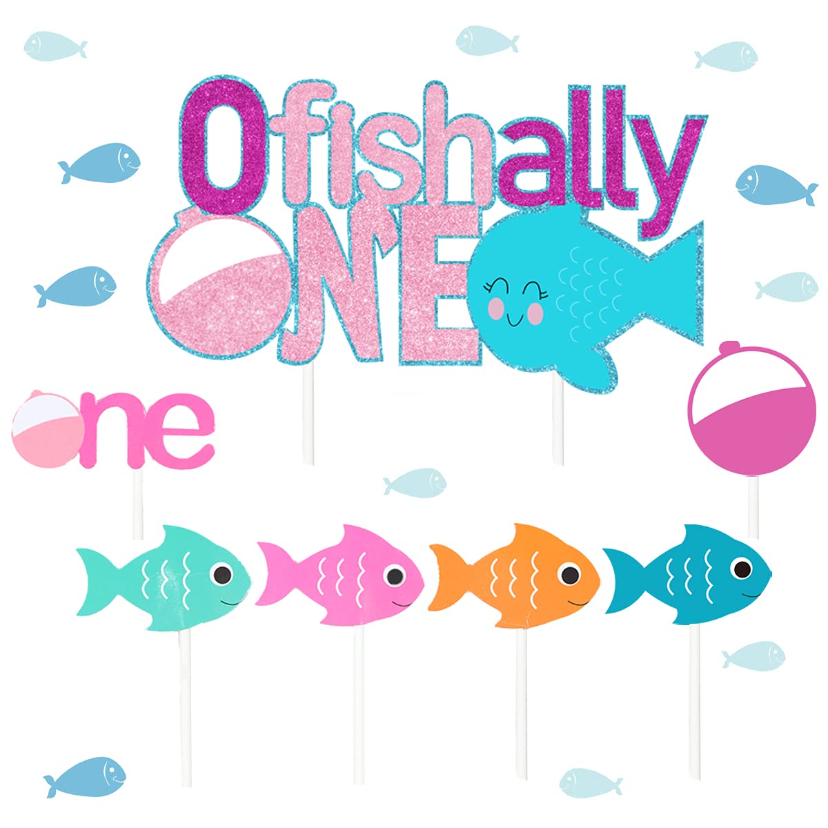 Ofishally One Cake Decorations 25 Pcs - Pink Fishing Cake Toppers for Girls' 1st Birthday Party Supplies | The Big One Fishing Theme Cupcake Toppers | Perfect for Fishing Birthday Cakes, Cupcakes and Party Decorations