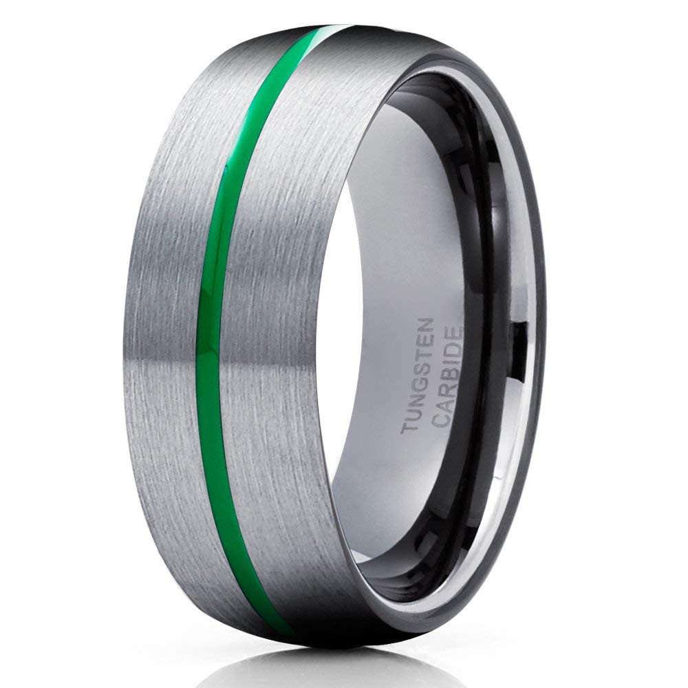 Gray Tungsten Wedding Band - 8mm Gunmetal Tungsten Ring for Men, Comfort Fit Anniversary Ring with Green Inlay - Perfect for Weddings, Engagements & Special Occasions