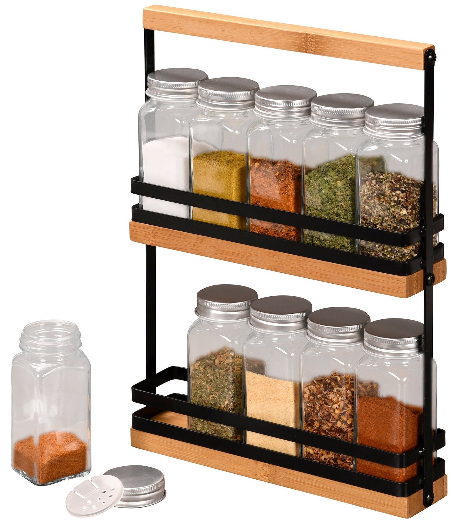 Premium Bamboo Spice Rack Organizer with 10 Glass Jars - Perfect for Kitchen Countertop, Pantry & Cabinet Storage Organization
