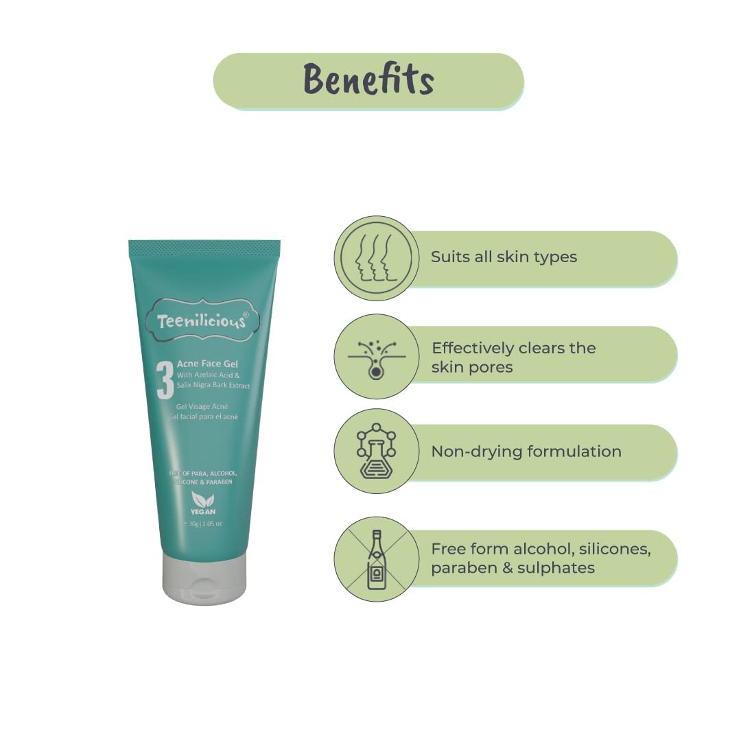 Teenilicious Anti-Acne Gel with 3% Azelaic Acid, Alba Bark Extract & Tea Tree Oil - Acne Spot Treatment for Men & Women - 30g | Fights Hard, Keratinized Pimples | Perfect for Daily Skincare & Blemish Control