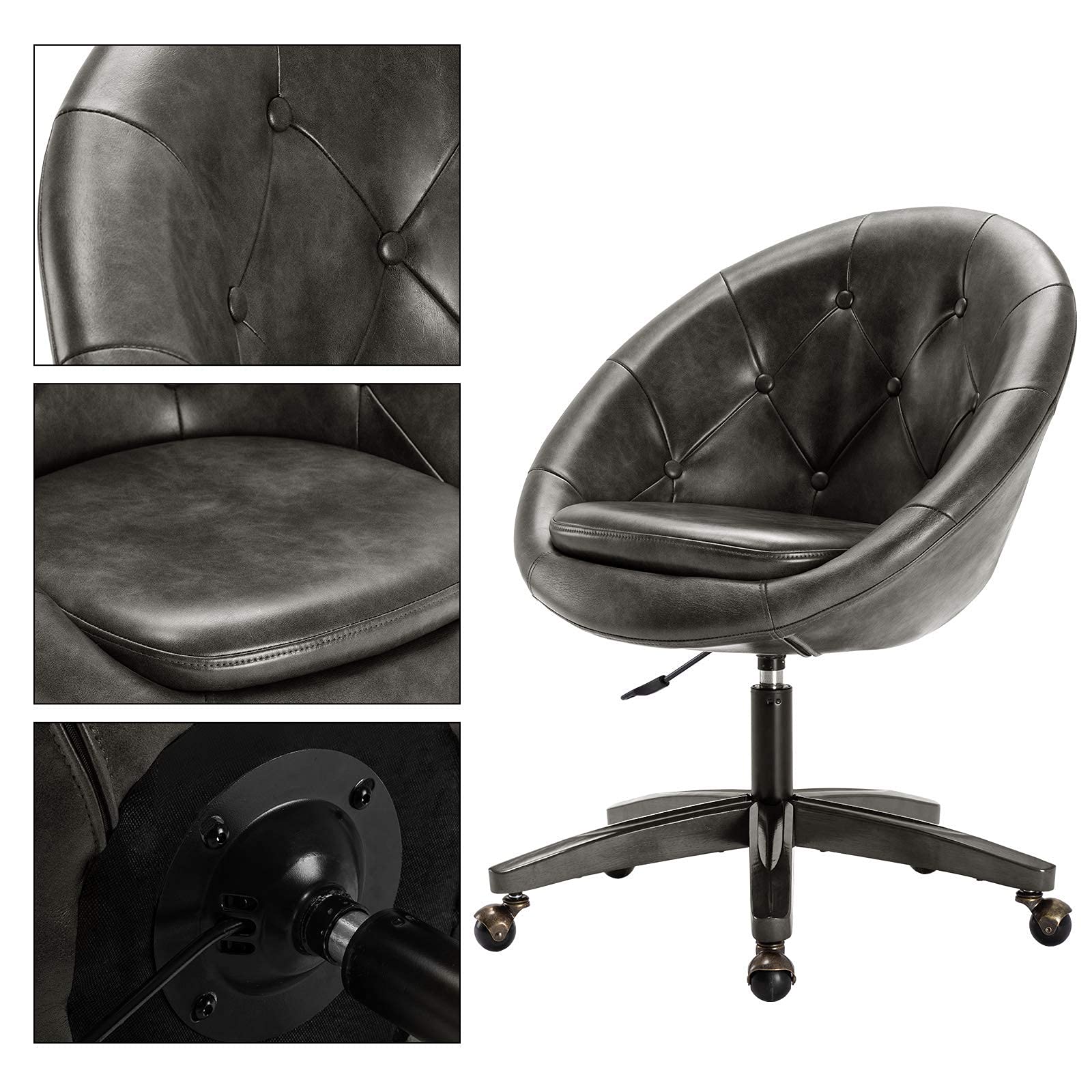 Premium PU Leather Executive Office Chair - Adjustable Swivel Desk Chair with Tufted Round Back, Grey - Perfect for Home Office, Conference Rooms & Workspaces