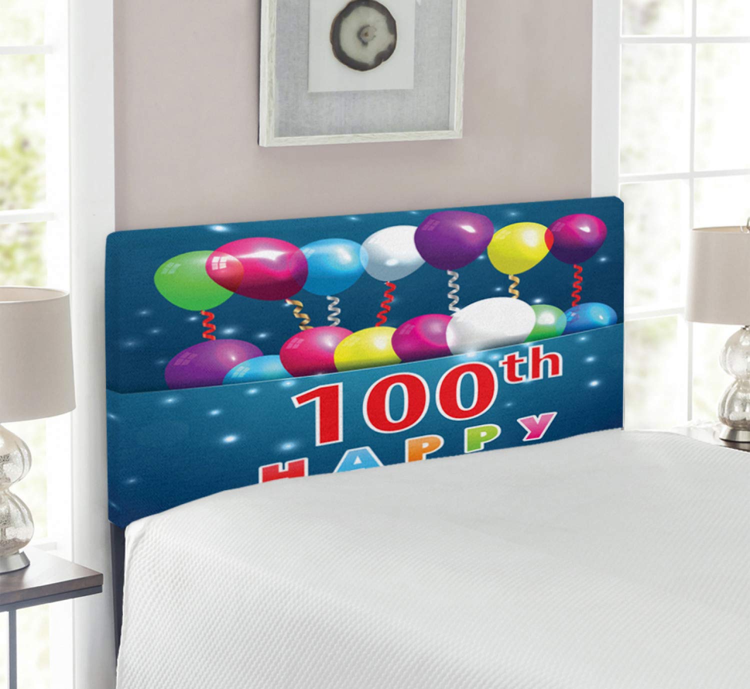 Ambesonne 100th Birthday Headboard - Colorful Balloons & Star Dots Upholstered Metal Bed Frame with Memory Foam, Twin Size in Blue & Navy | Perfect for 100th Birthday Decorations, Bedroom Makeovers & Anniversary Celebrations