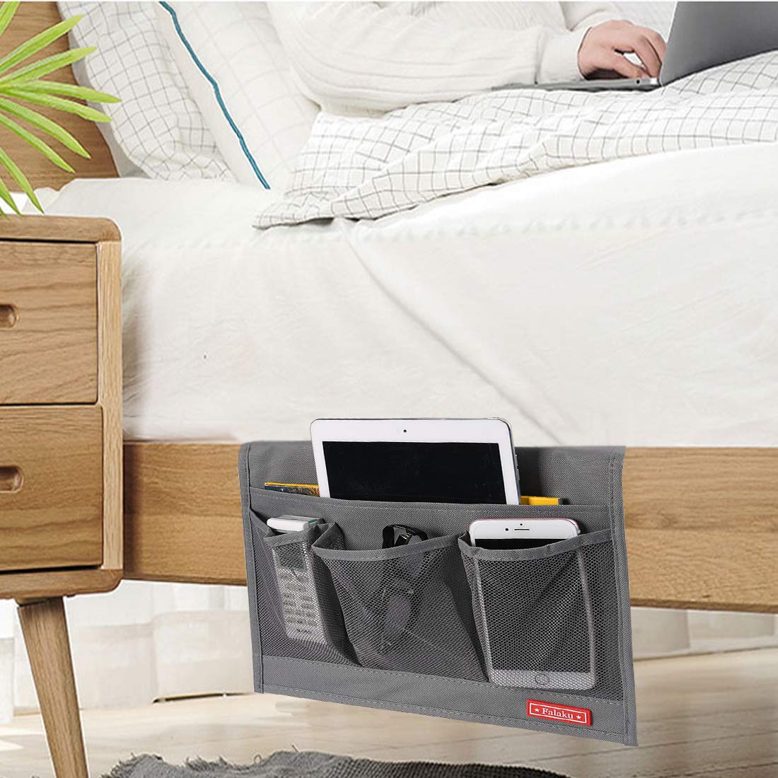 Bedside Caddy Organizer - 4 Pocket Under Mattress Storage Holder for Books, Magazines, Remote & Essentials - Space Saving Grey Bed Organizer - Perfect for Small Apartments, Dorms & Nightstand Organization