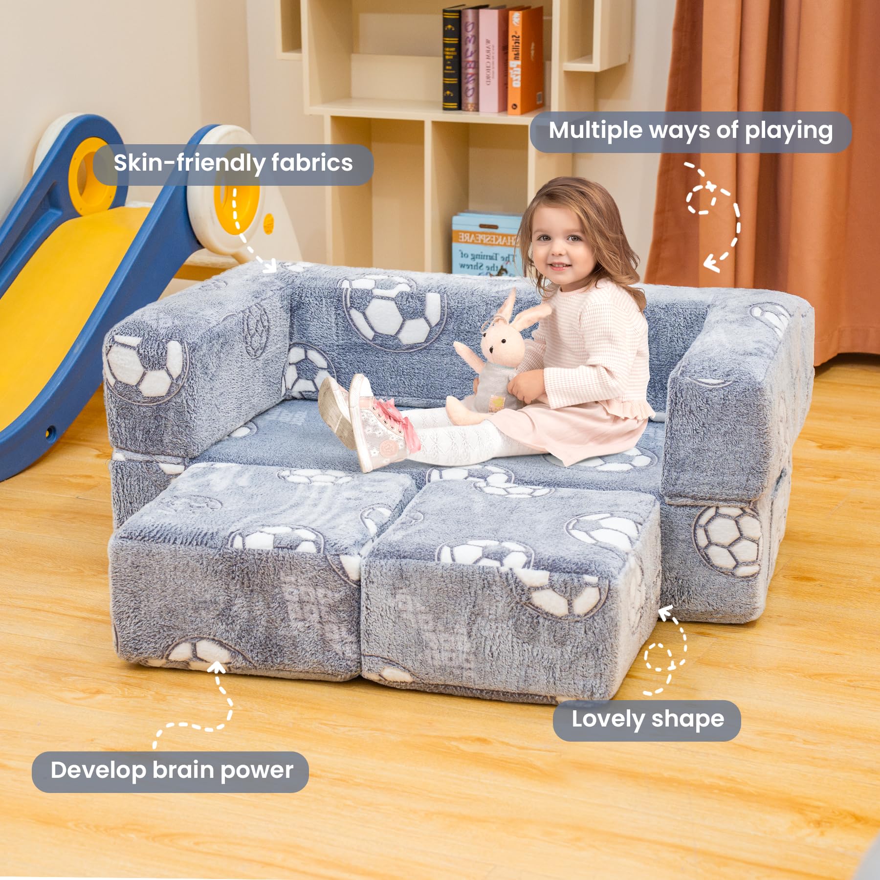 Glow in The Dark Toddler Play Couch - Convertible Fold Out Kids Sofa with Foam Floor Cushion for Playroom & Bedroom (Grey+Football Design) - Perfect for Sleepovers, Movie Nights & Indoor Playtime