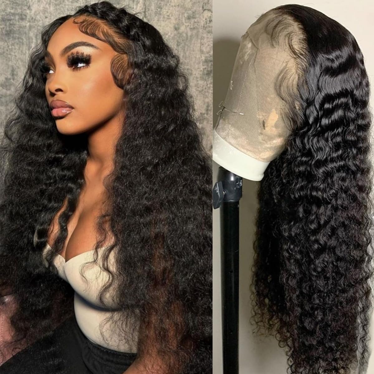 RENUS 30 Inch 13x4 Lace Front Wig - 180% Density Deep Wave Human Hair Wig for Women | Brazilian Virgin Hair with HD Transparent Lace & Baby Hair | Glueless Natural Black Curly Wig for Daily Wear, Parties & Special Occasions