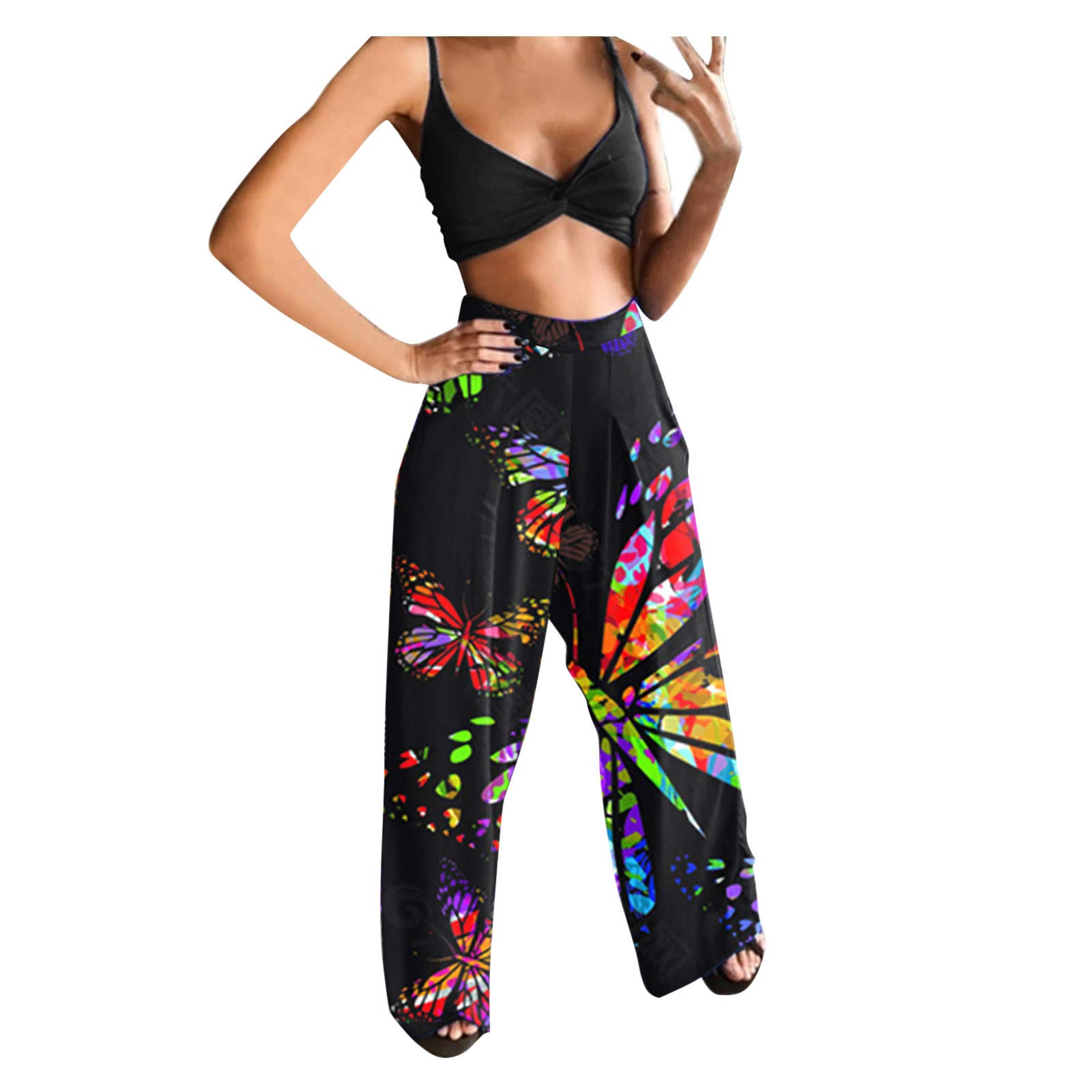 Women's Printed Sleeveless Camisole Top & Long Pants Suit Set - Casual Silver Pantsuit (Black, XL) for Work, Office, and Summer Outfits