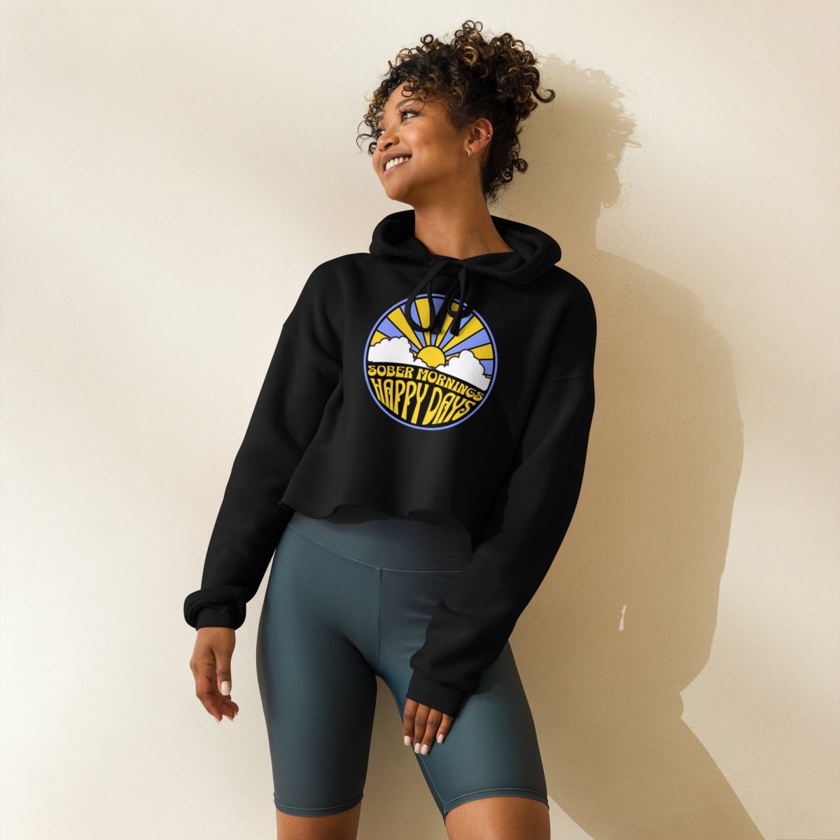 Sober Mornings Happy Days Premium Crop Hoodie - Comfortable Oversized Pullover for Women | Perfect for Casual Wear, Gym, and Relaxing at Home