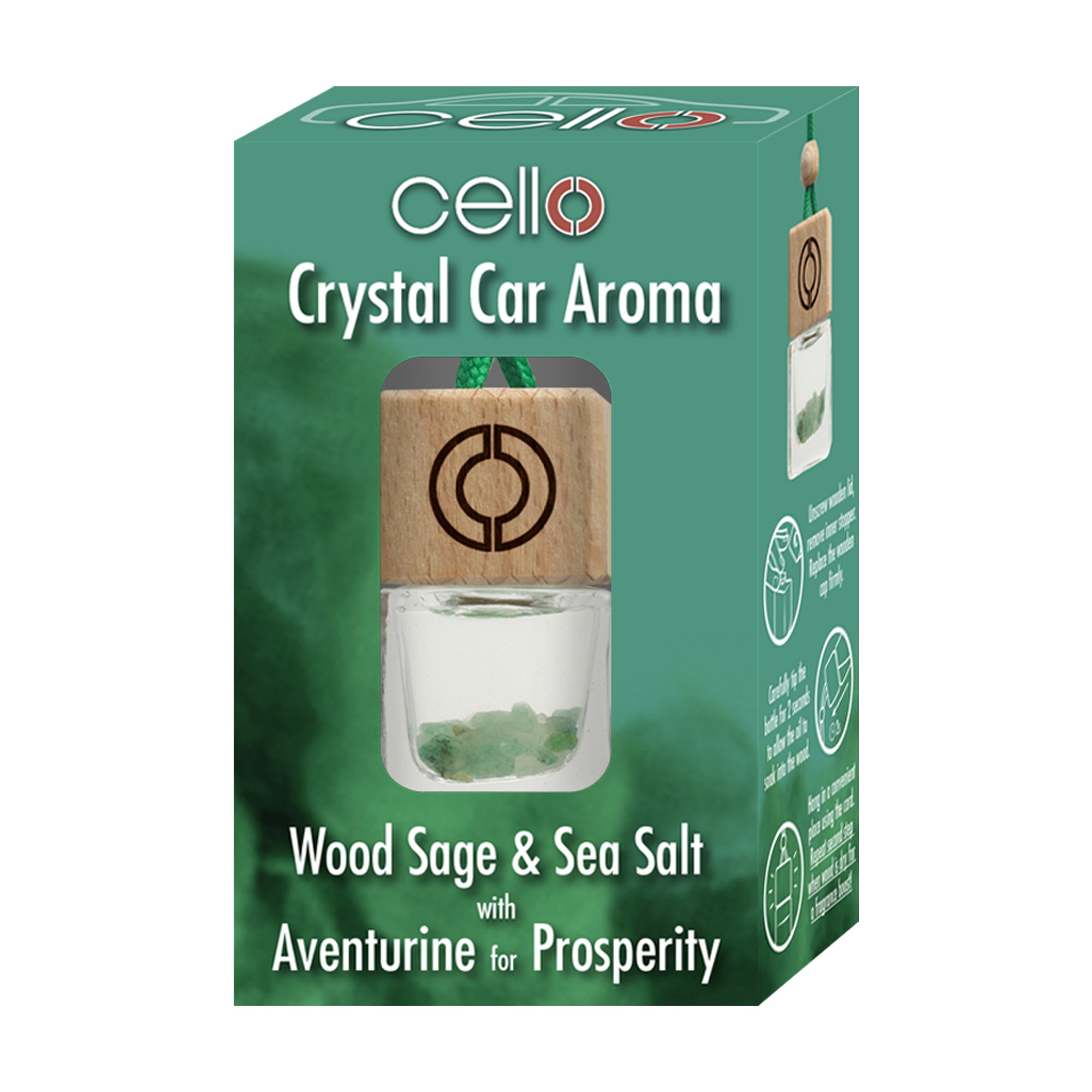 Premium Cello Crystal Car Air Freshener - Wood Sage & Sea Salt Scent with Aventurine Stone | Long-Lasting Fragrance for Cars, Office & Home Décor
