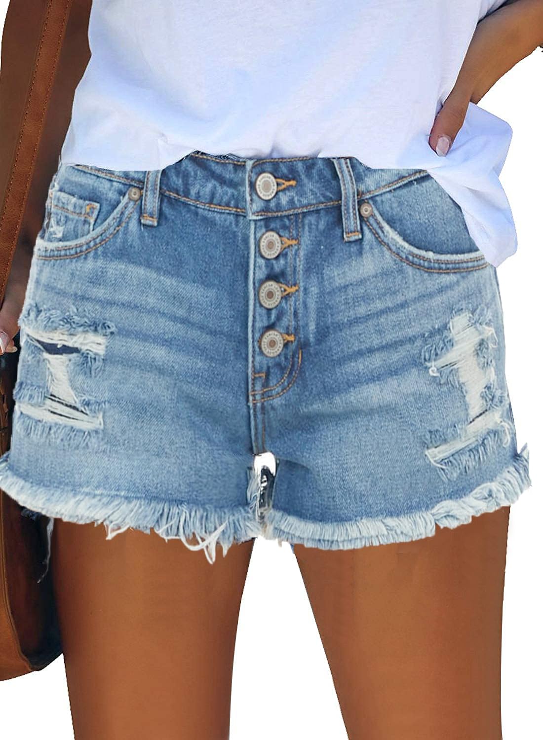 ZOLUCKY Women's Stretchy Ripped Denim Shorts - Mid Waist Casual Jean Shorts with Pockets for Summer | Perfect for Beach, Travel & Everyday Wear