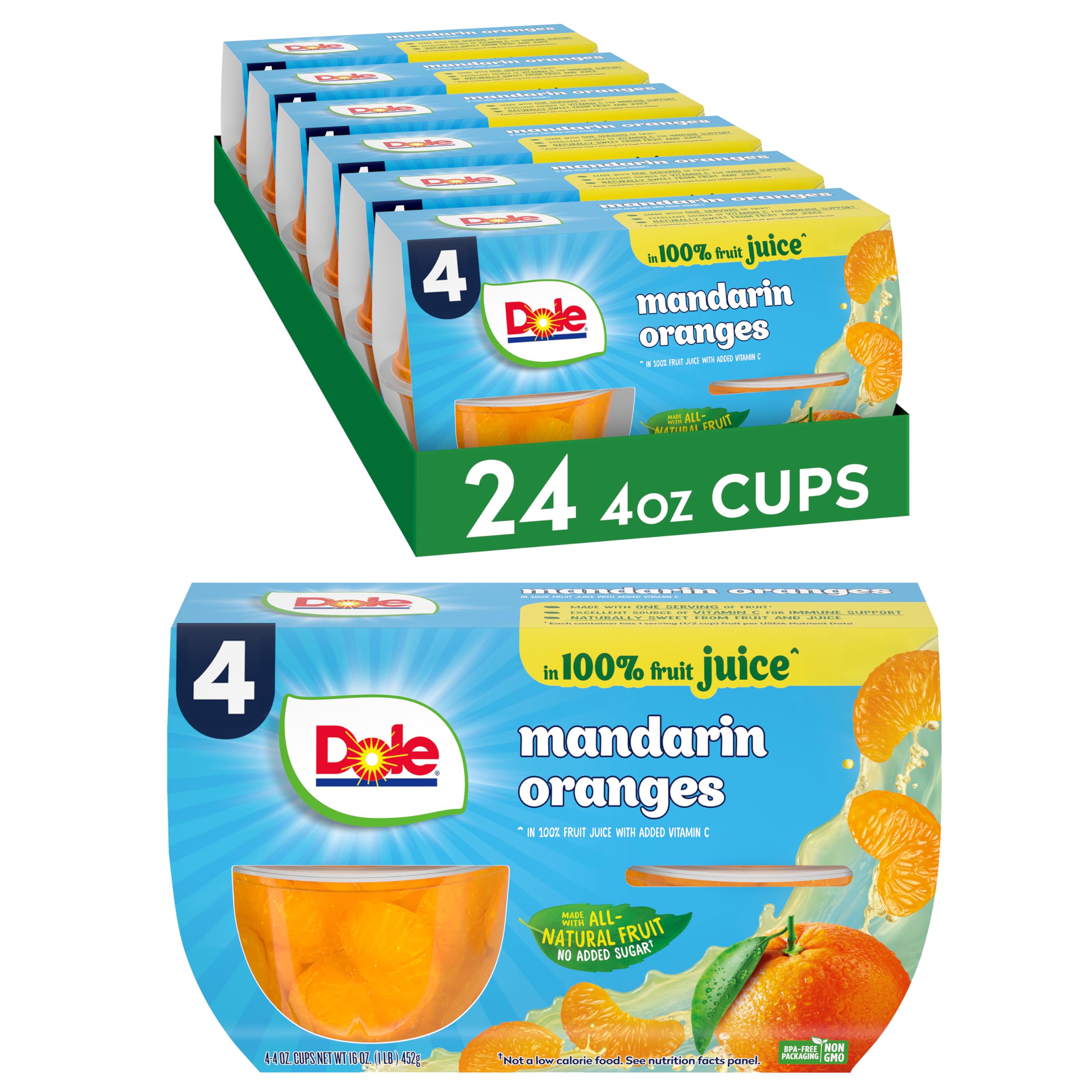 Dole Mandarin Oranges in 100% Juice - 24 Pack of 4oz Fruit Cups | Gluten Free, Dairy Free, Healthy Snacks for Kids & Adults | Perfect for School Lunches, Office Snacks & On-the-Go Refreshment