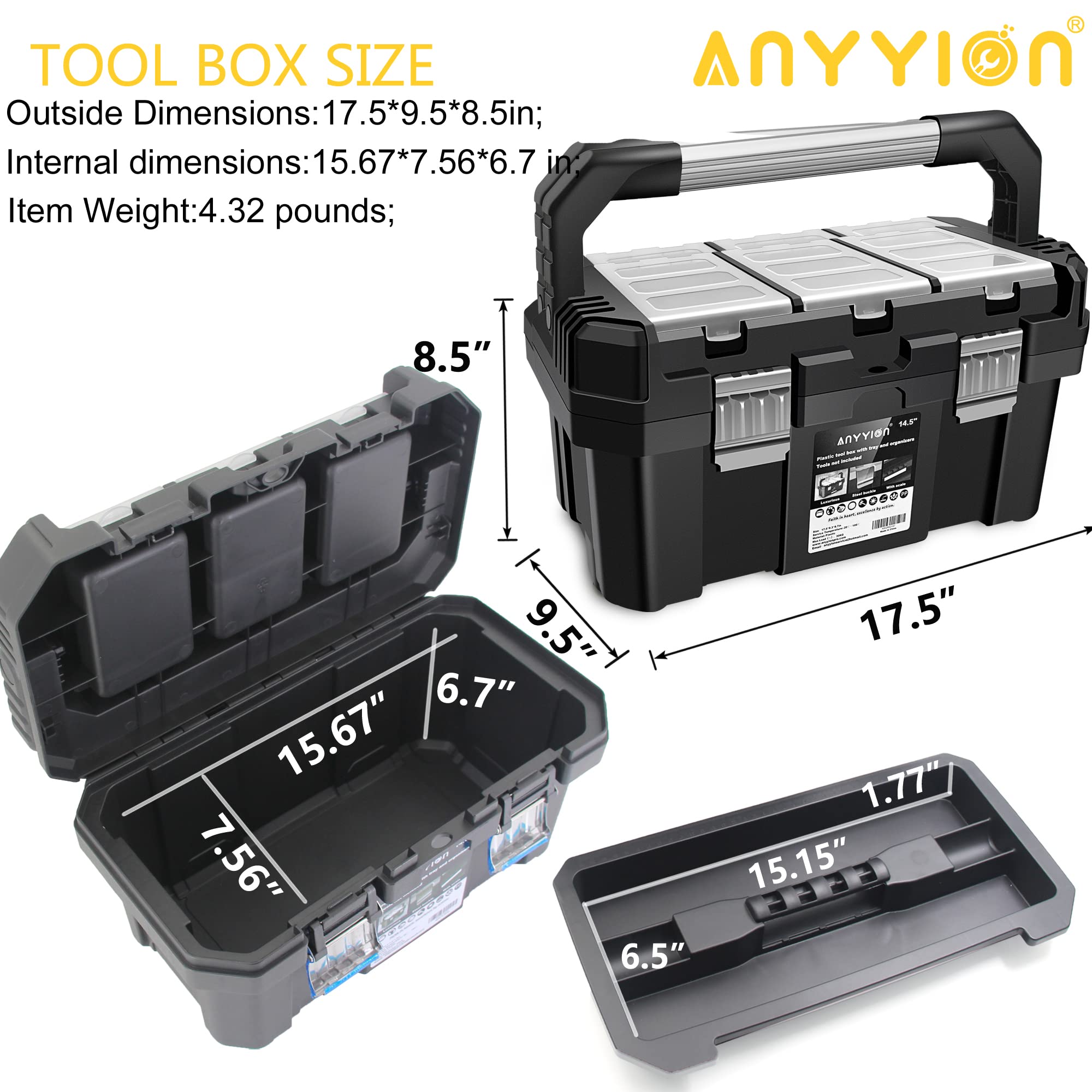 Anyyion 17-Inch Heavy Duty Tool Box with Removable Tray & Stainless Steel Dual Lock - Secure Small Parts Organizer with Rugged Metal Handle (17In) - Perfect for Workshop, Garage & DIY Projects