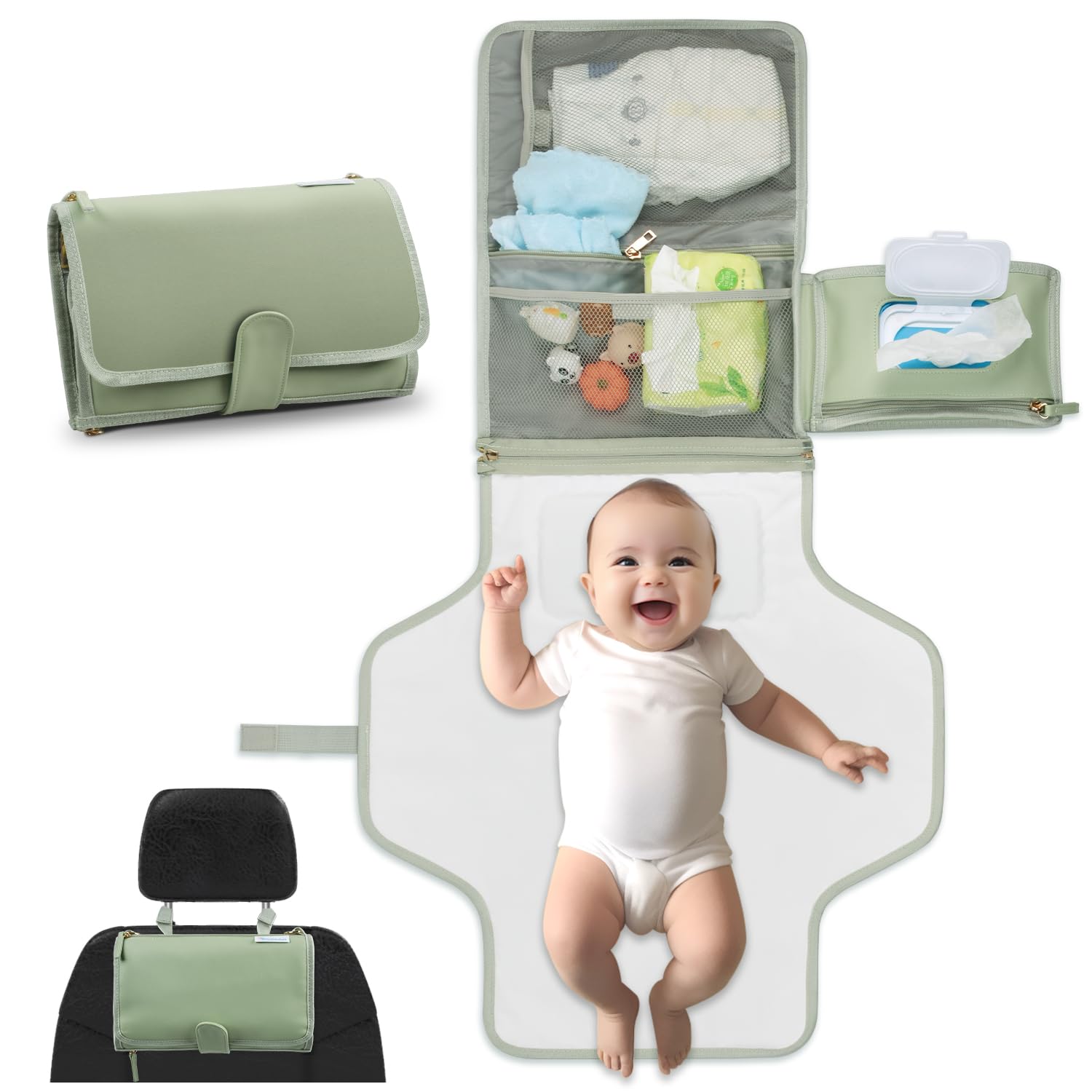 LilStinker Portable Diaper Changing Pad - Waterproof Travel Baby Changing Mat for Newborns & Infants | Compact Foldable Diaper Bag Organizer | Perfect for On-the-Go Parents, Daycare & Baby Showers (Sage Green)