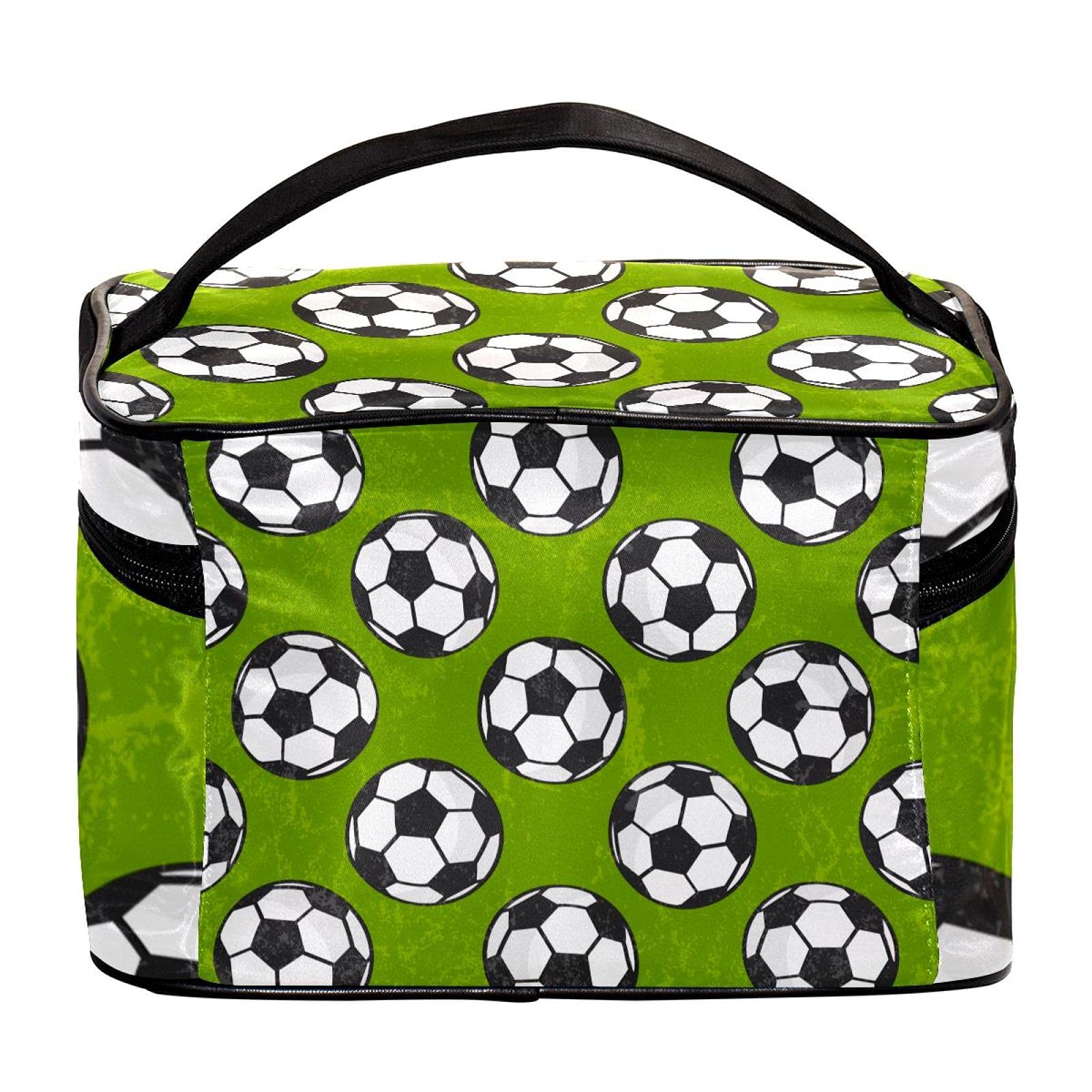 Sporty Green Football Pattern Large Travel Makeup Bag - Waterproof Cosmetic Organizer Case with Zipper for Women & Girls | Perfect for Gym, Travel & Daily Use