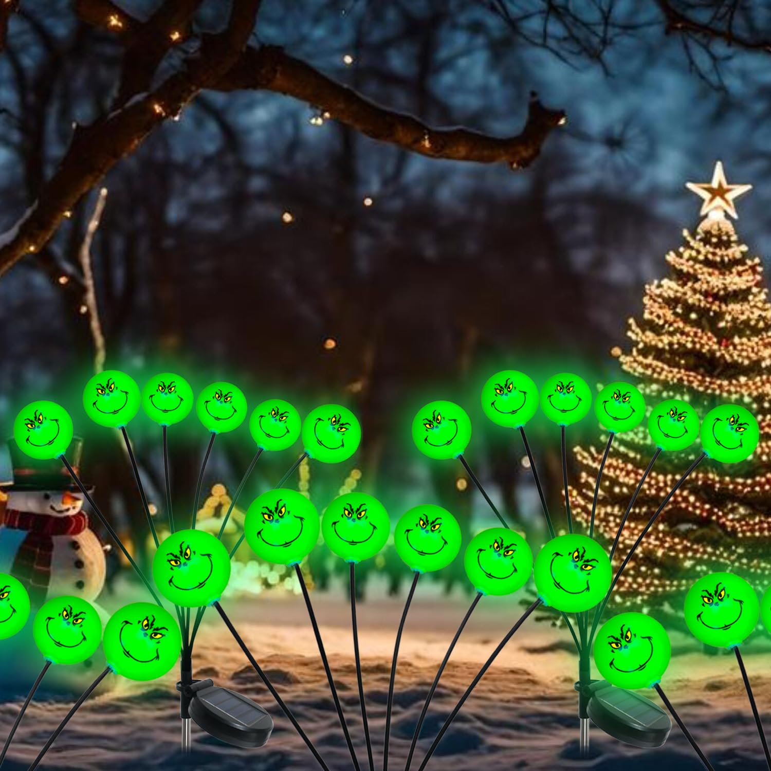 Upgraded 2-Pack Solar Grinch Christmas Decorations - 12 LED Swaying Firefly Lights for Outdoor Pathway, Garden, Patio & Yard - Waterproof Solar-Powered Grinchmas Decor for Holiday Lighting (Perfect for Christmas Party, Front Yard Display & Festive Nighttime Ambiance)