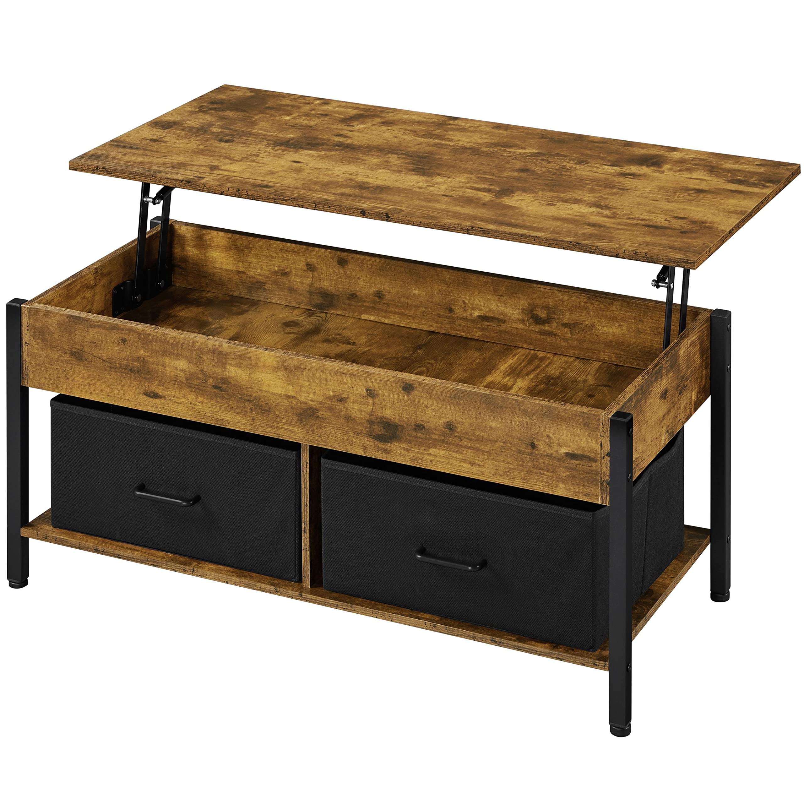Topeakmart Lift Top Coffee Table with Hidden Storage Compartment, Open Shelves & 2 Fabric Baskets - Modern Rustic Brown Lift-Top Ottoman Table for Living Room, Perfect for Storing Blankets, Magazines & Remote Controls