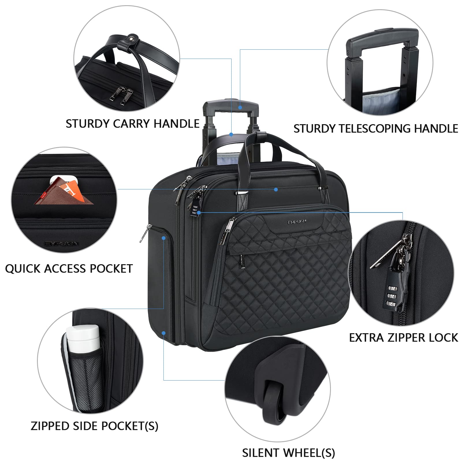 EMPSIGN Rolling Laptop Bag for Women - 15.6 Inch Water-Resistant Wheeled Briefcase with RFID Pockets - Perfect for Business Travel, Commuting & Overnight Trips - Black