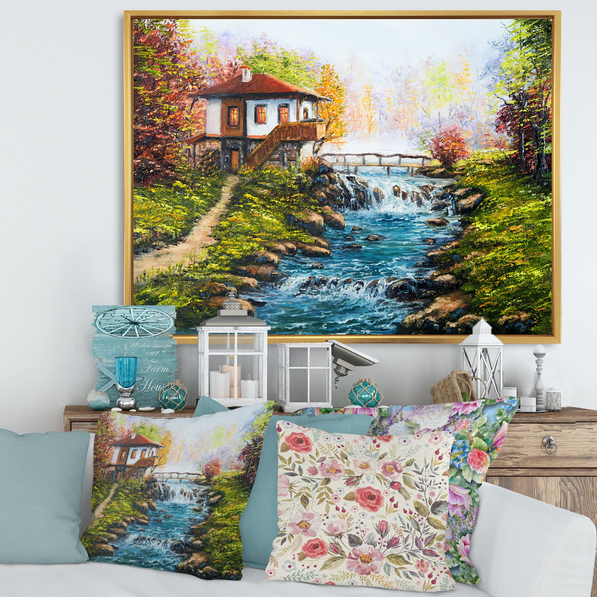 Traditional Bulgarian House and River - Lake House Framed Canvas Wall Art Print | Home Decor for Living Room, Bedroom & Office | Scenic Landscape Painting for Rustic & Farmhouse Style