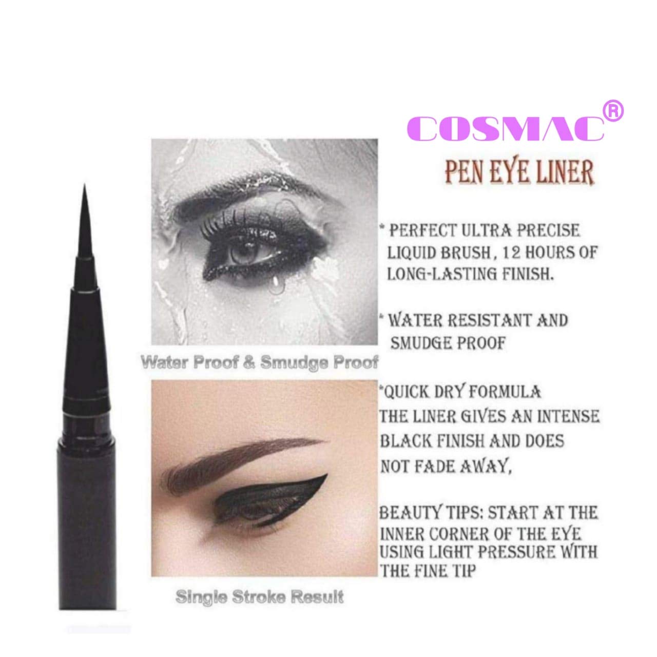 Cosmac Professional 6-Piece Waterproof Makeup Set - Black Eyeliner, Mascara, Eyebrow Pencil, Kajal, Sketch Eyeliner & False Lashes | Matte Finish | Perfect for Daily Use, Parties & Special Occasions