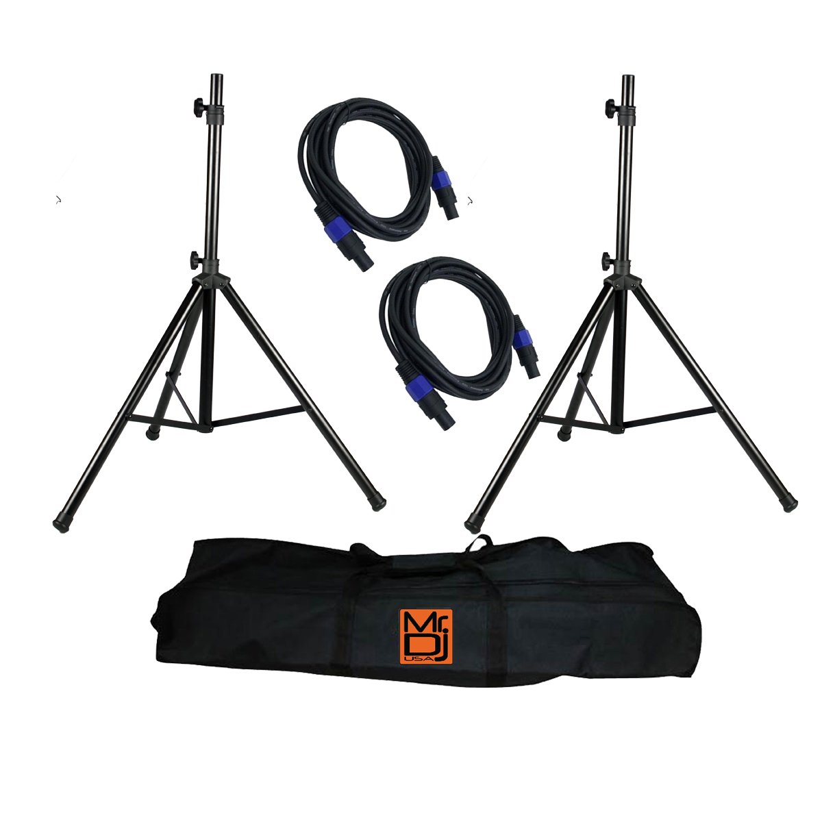 Mr. DJ SS850PKG Adjustable Tripod Speaker Stand with Carrying Bag & Cables - Perfect for DJ Gigs, Live Performances & Home Studio Setups