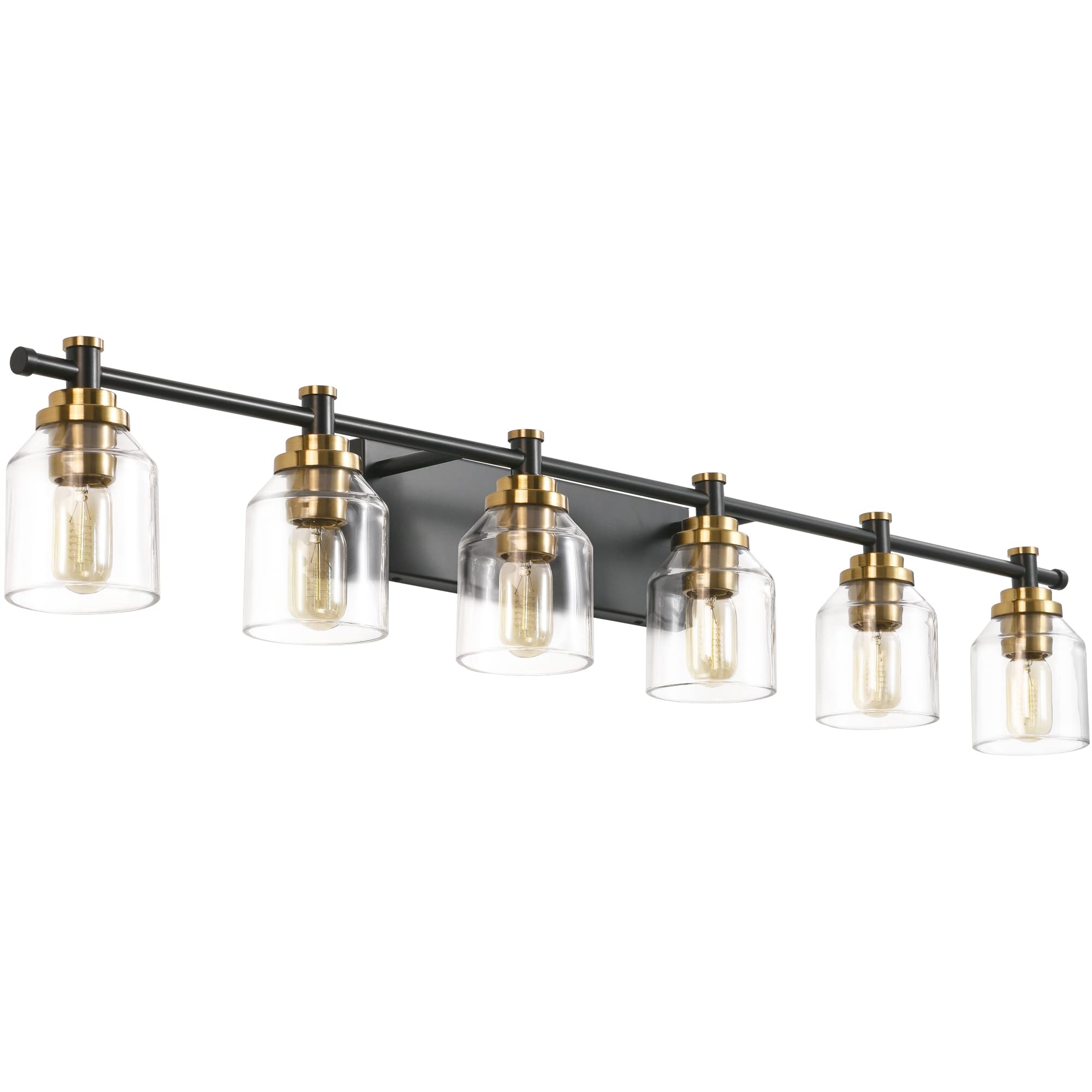 SOLFART 6-Light Black Brass Bathroom Vanity Light Fixture - Vintage Style Mirror Lighting with Thick Clear Glass Shades for Bathroom, Powder Room or Dressing Area