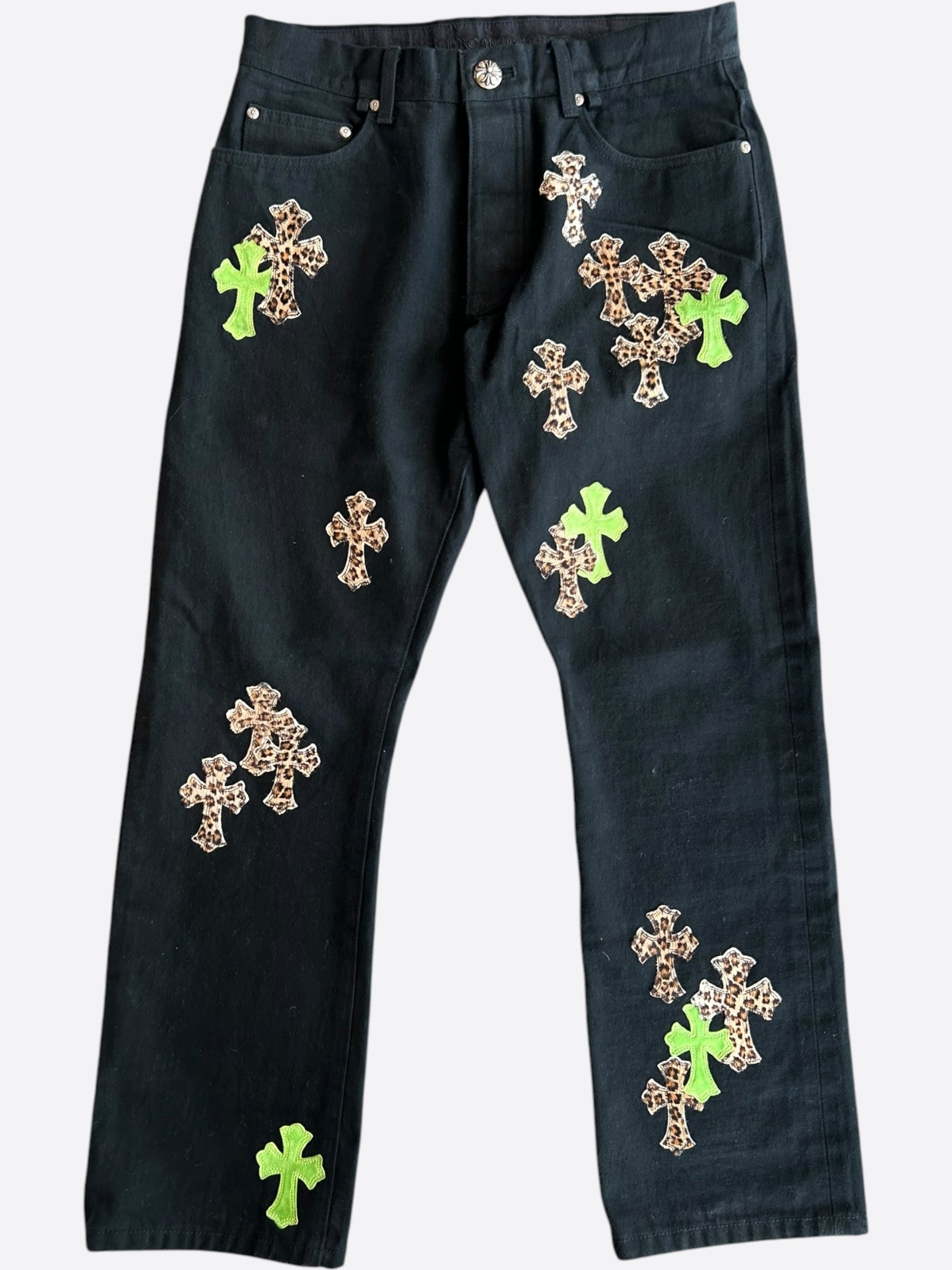 Chrome Hearts Black Green & Cheetah Cross Patch Jeans for Men - Stylish Vintage Distressed Denim Pants for Casual Wear and Street Fashion